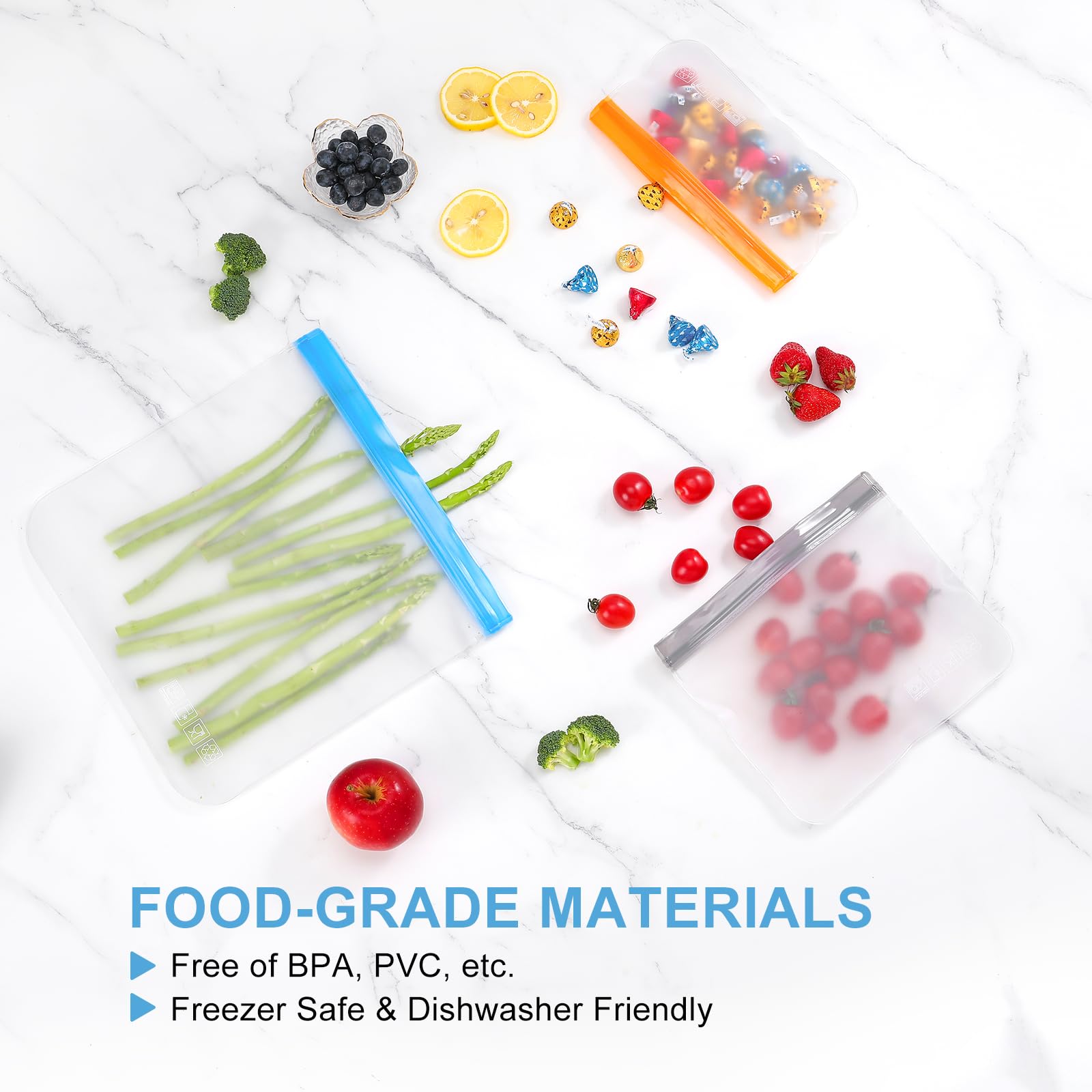6 Pack Reusable Gallon Freezer Bags Dishwasher Safe, BPA Free Leakproof Storage Bags for Marinate Meats, Cereal, Vegetables, Home Organization(Grey)