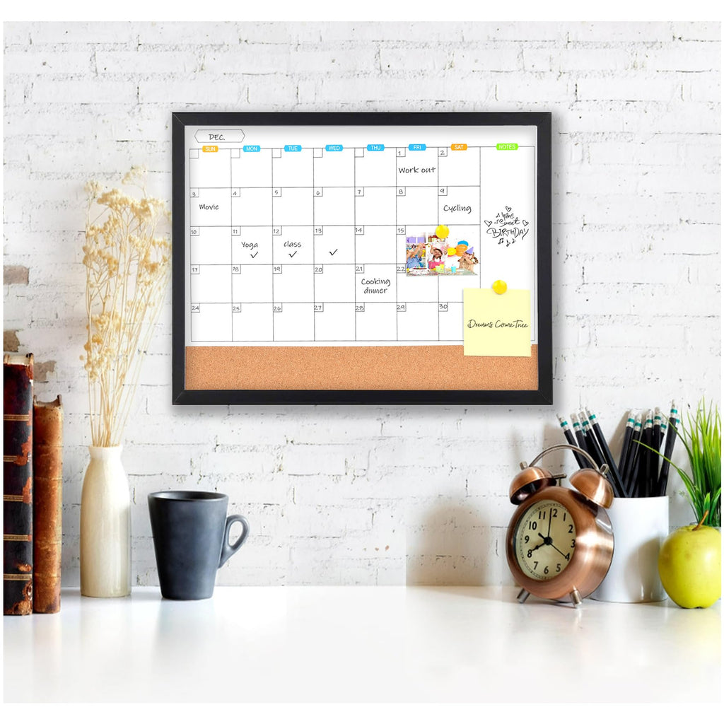 Marribol Monthly Whiteboard Calendar with Cork Board for Wall, 17"x13",Magnetic Dry Erase Board with Black Wood Framed,2-1 Wall Planner Whiteboard,Bulletin Board with Pins for Home,School,Office