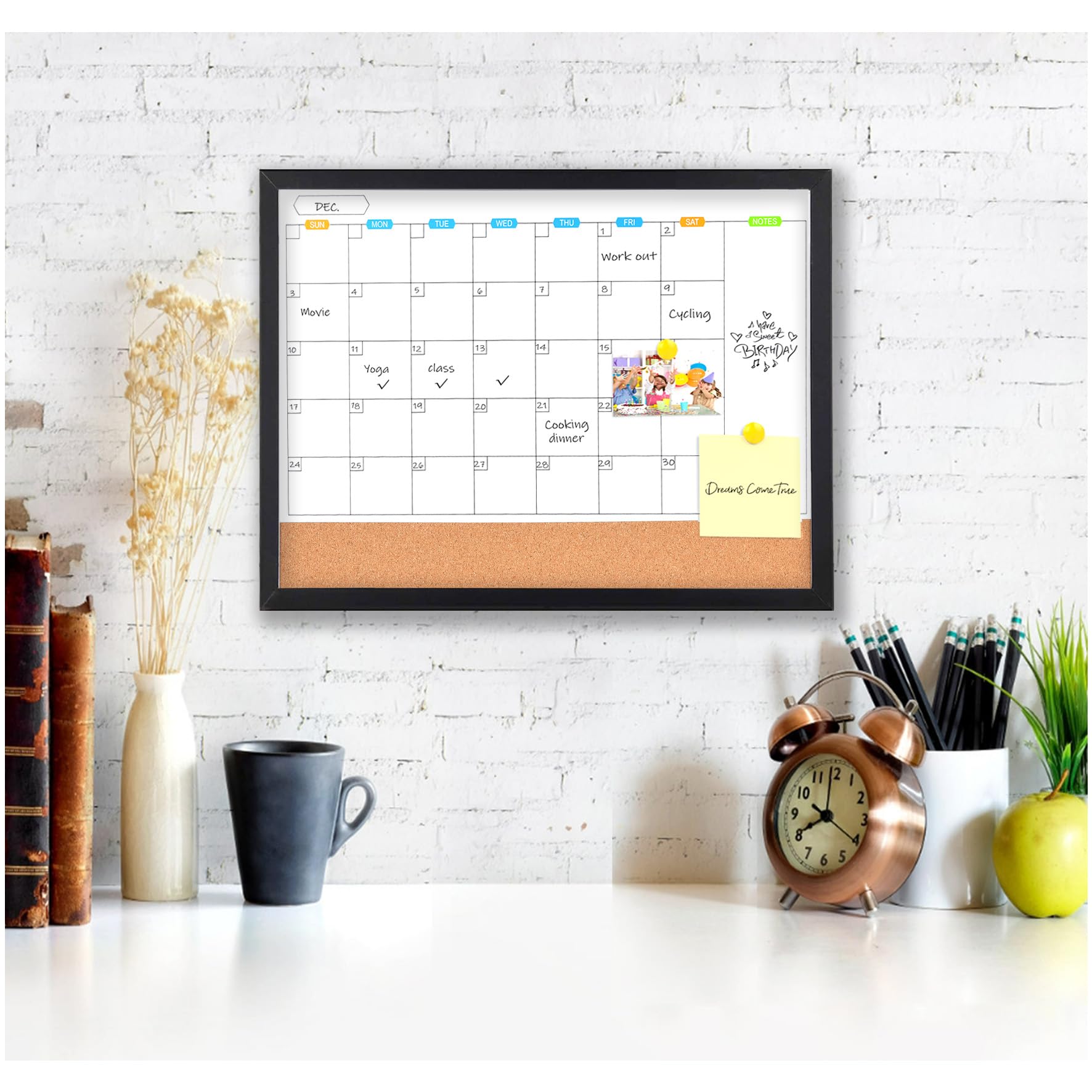Marribol Monthly Whiteboard Calendar with Cork Board for Wall, 17"x13",Magnetic Dry Erase Board with Black Wood Framed,2-1 Wall Planner Whiteboard,Bulletin Board with Pins for Home,School,Office