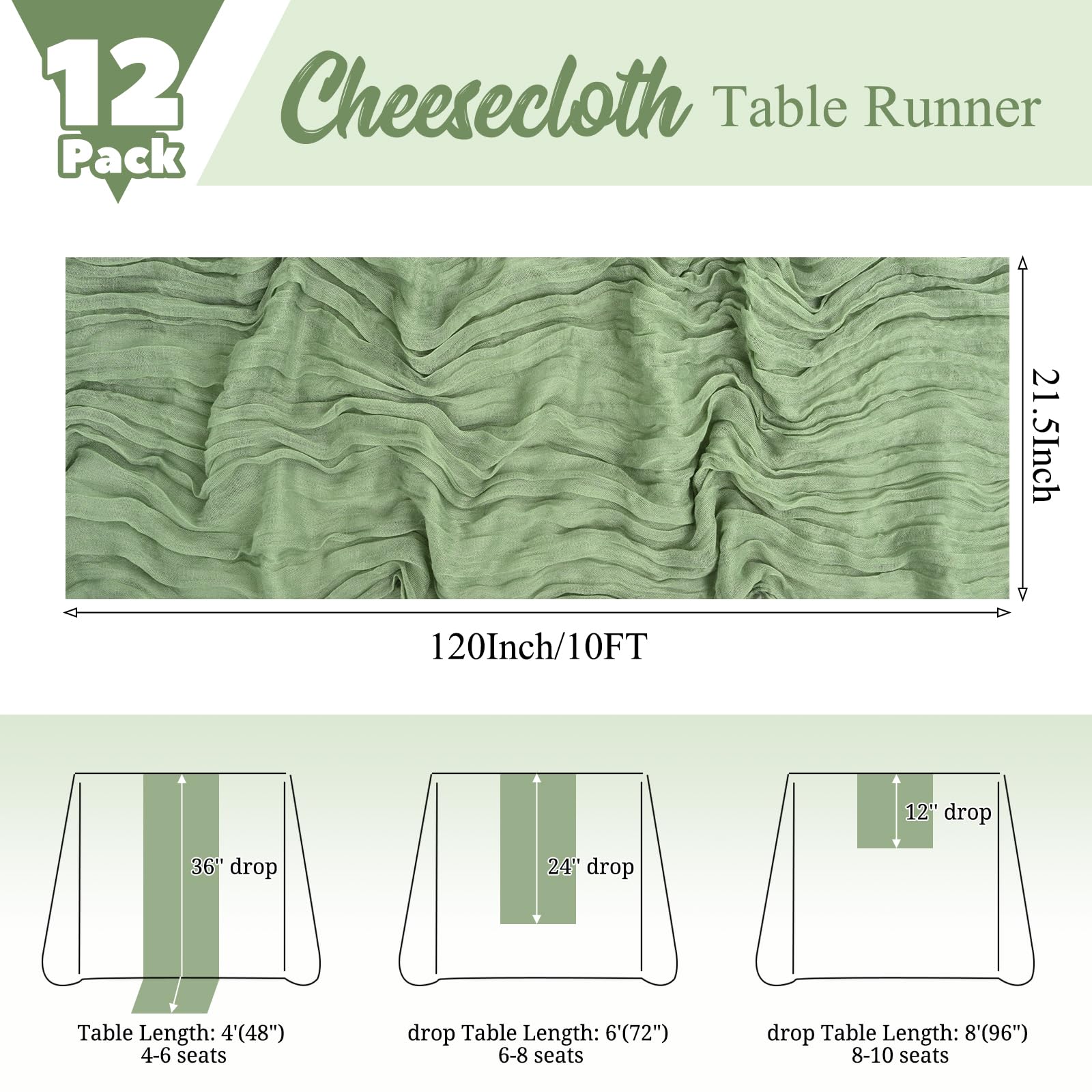 12 Pack Sage Green Table Runner 10Ft Cheesecloth Table Runner Rustic Gauze Table Runners Romantic Long Sage Sheer Fabric Cheese Cloth Table Runners for Wedding Party Bridal Baby Shower
