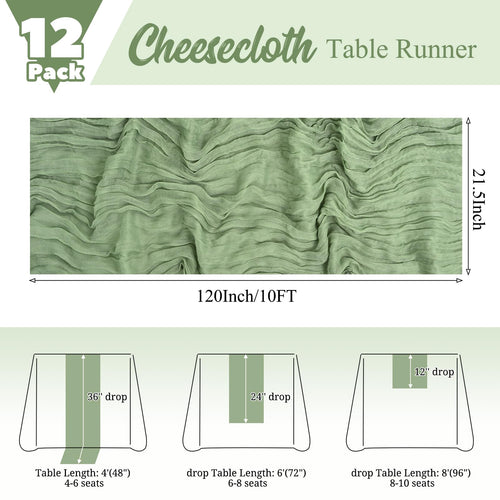 12 Pack Sage Green Table Runner 10Ft Cheesecloth Table Runner Rustic Gauze Table Runners Romantic Long Sage Sheer Fabric Cheese Cloth Table Runners for Wedding Party Bridal Baby Shower