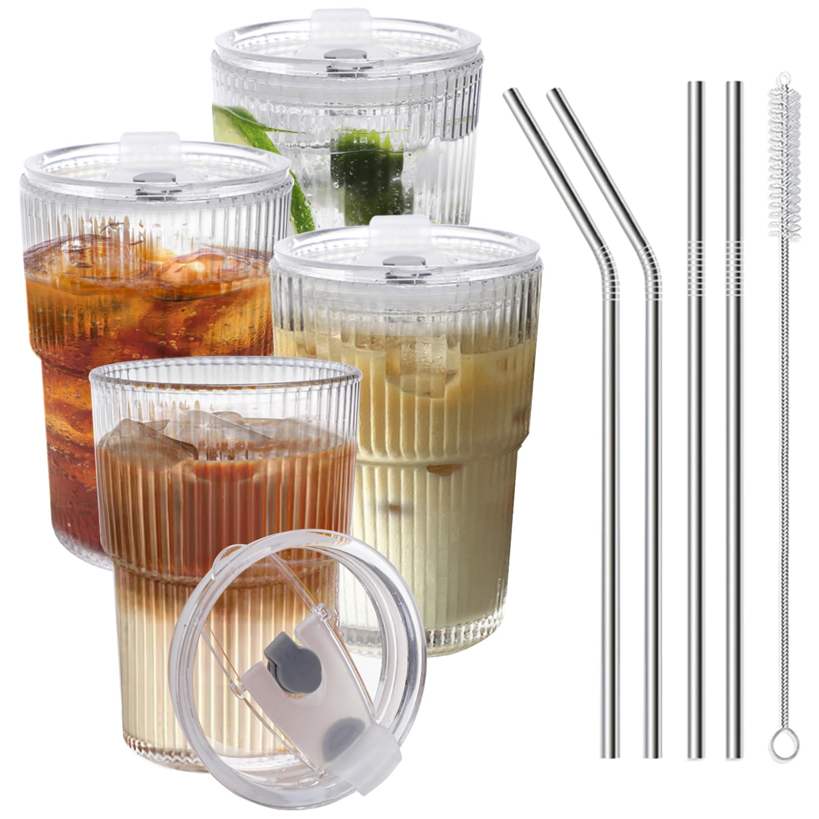 HIGIINC Iced Coffee Cups with Lids and Straws 4 Pcs, 16 OZ Unbreakable Glasses Drinking Set,Clear Plastic Cups Reusable Iced Coffee Tumbler with Lid and Straw, on The Go Coffee Cups Dishwasher Safe