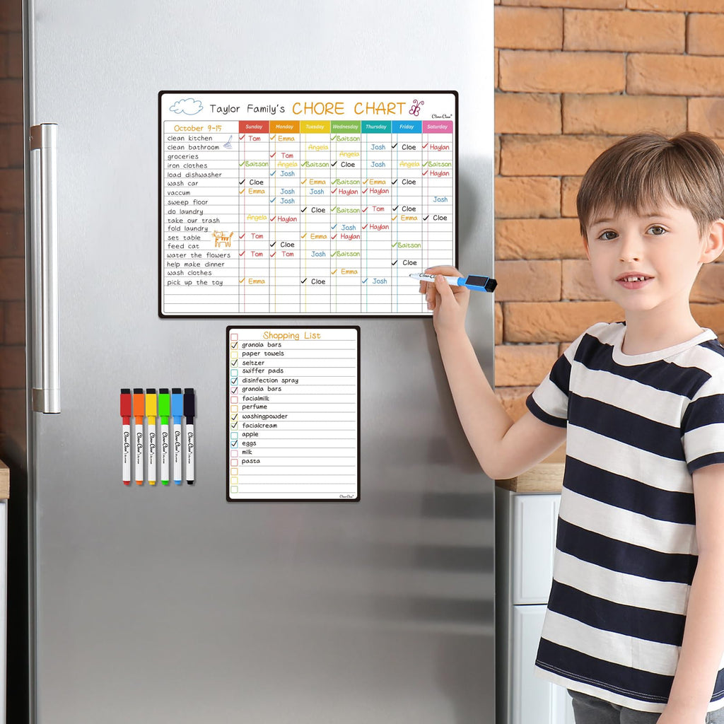 Magnetic Dry Erase Chore Chart - 14.5"x11" Chore Board, 6.5"x8.5" List Board for Fridge - 6 Extra Fine Point Markers Included - Shipped Flat