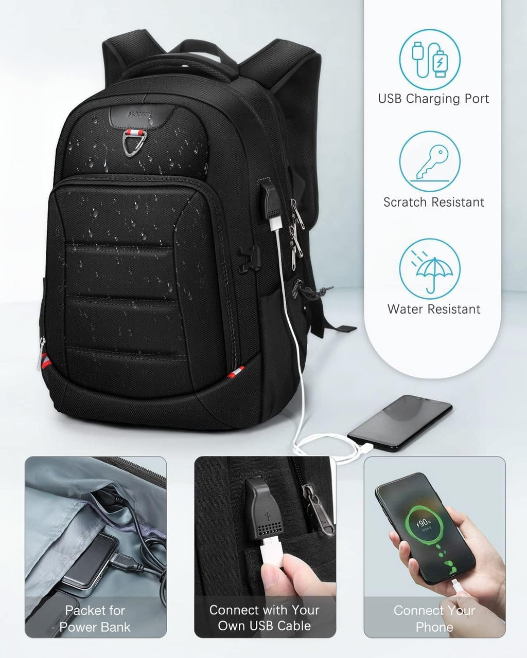 HOMIEE 17.3 Inch Travel Backpack, Large Capacity Breathable Loptop Backpack, Backpack with USB Charging Port for Business Travel School, Black
