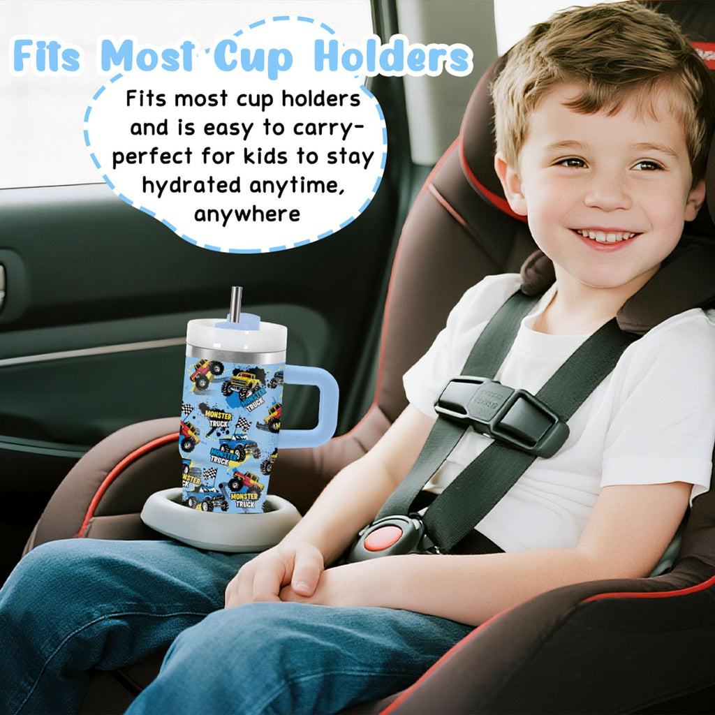 Monster Truck Tumbler with Handle for Kids 14oz, Insulated Stainless Steel Monster Trucks Mug Cup for Boys, Birthday Christmas Gifts for School, Sports