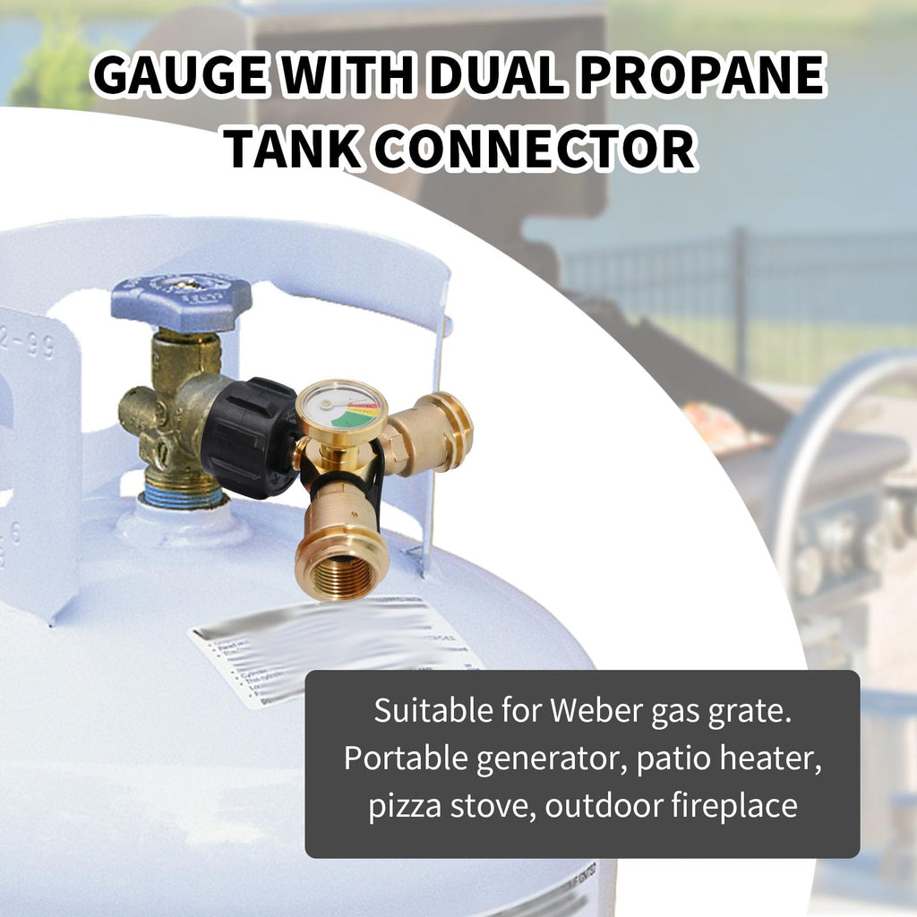 Anxingo Propane Y Splitter Adapter with Gauge and Shut-Off Valve 100% Solid Brass LP Gas Tee Connector with Male QCC and 2-Female QCC for LP Tank Cylinder BBQ Grill Heater Stove and More