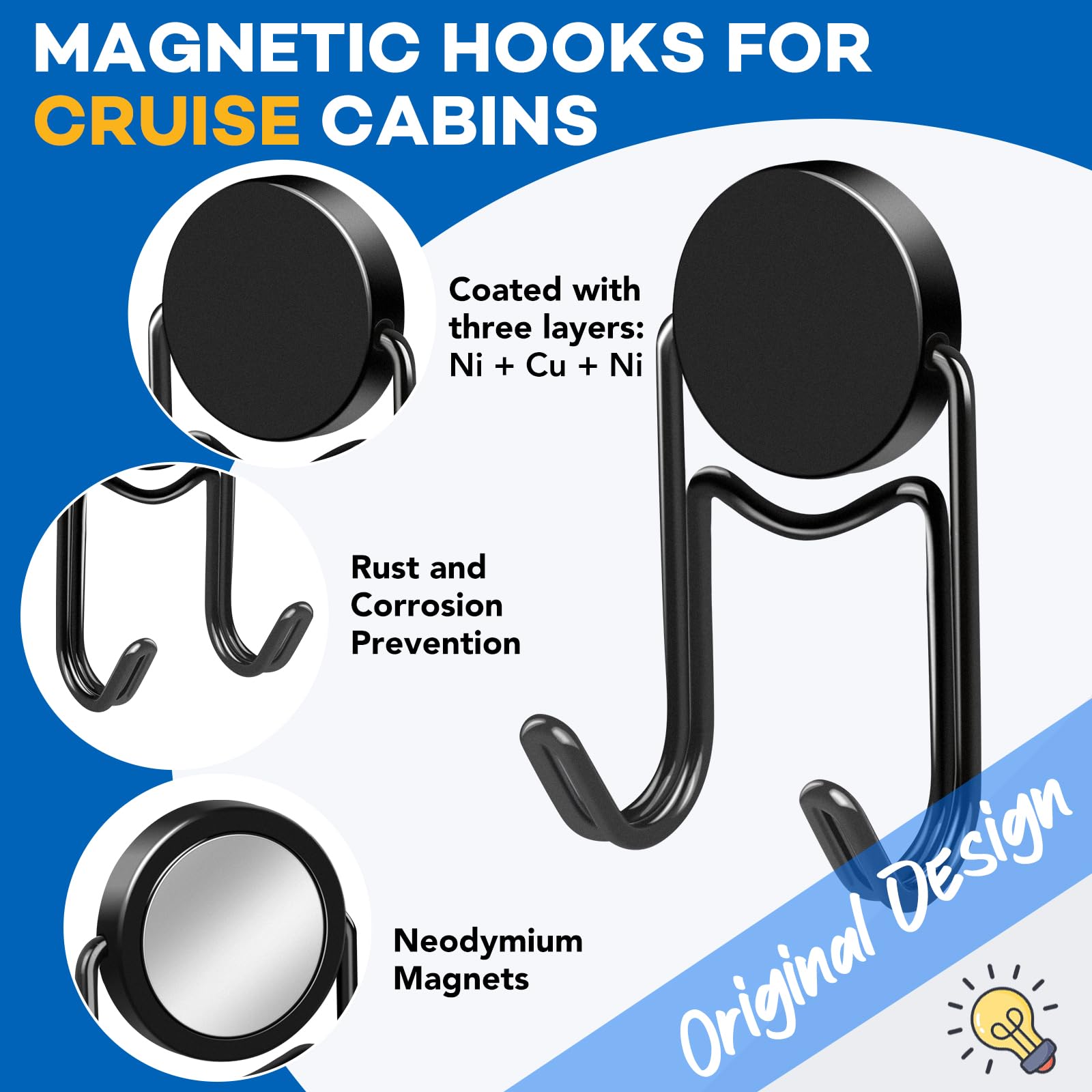 LOVIMAG Magnet Hooks for Cruise Cabins, Swivel Magnets with Hooks, Cruise Ship Essentials, 80lbs Heavy Duty Magnet Hook for Fridge, Hanging, Whiteboard, and Strong Magnets, Black, 25mm -5 Pcs
