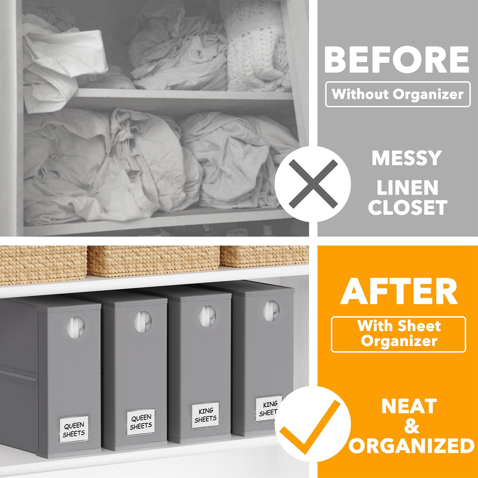 SpaceAid 4 Pack Bed Sheet Organizers and Storage, Foldable Organizer for Linen Closet, Sheets Set Folder Keeper with Window XL (Queen & King Size) Organizing Bedding Container, Gray (91ZDSN-SL01-G4)