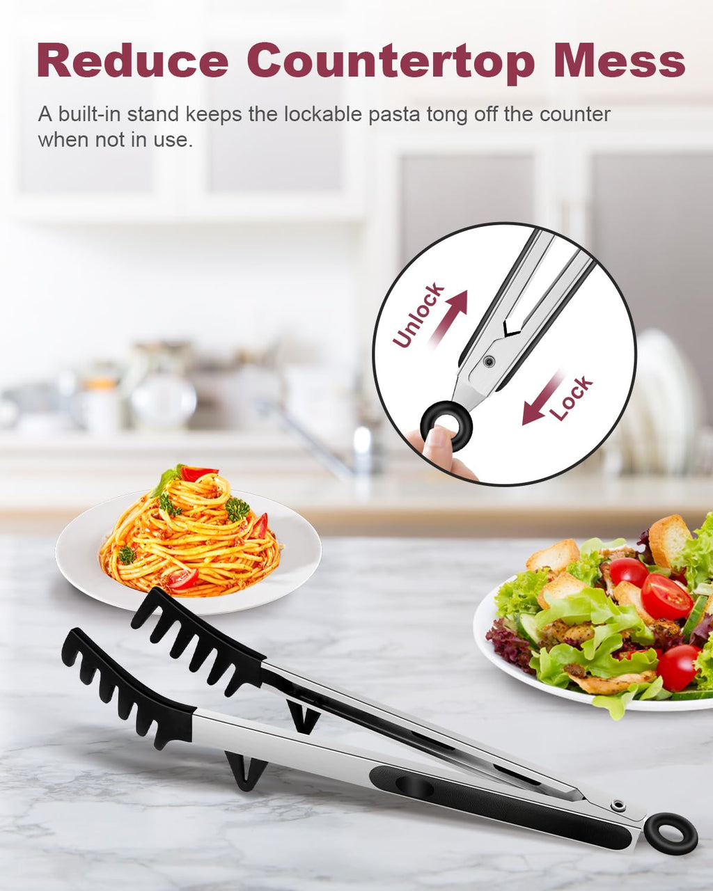 Silicone Spaghetti Spoon and Pasta Tong, Heat-Resistant Noodle Spoon Server, BPA-Free Spaghetti Strainer, Fork with Teeth and Stainless Steel Handle, Food-Grade Clip for Pasta, Black