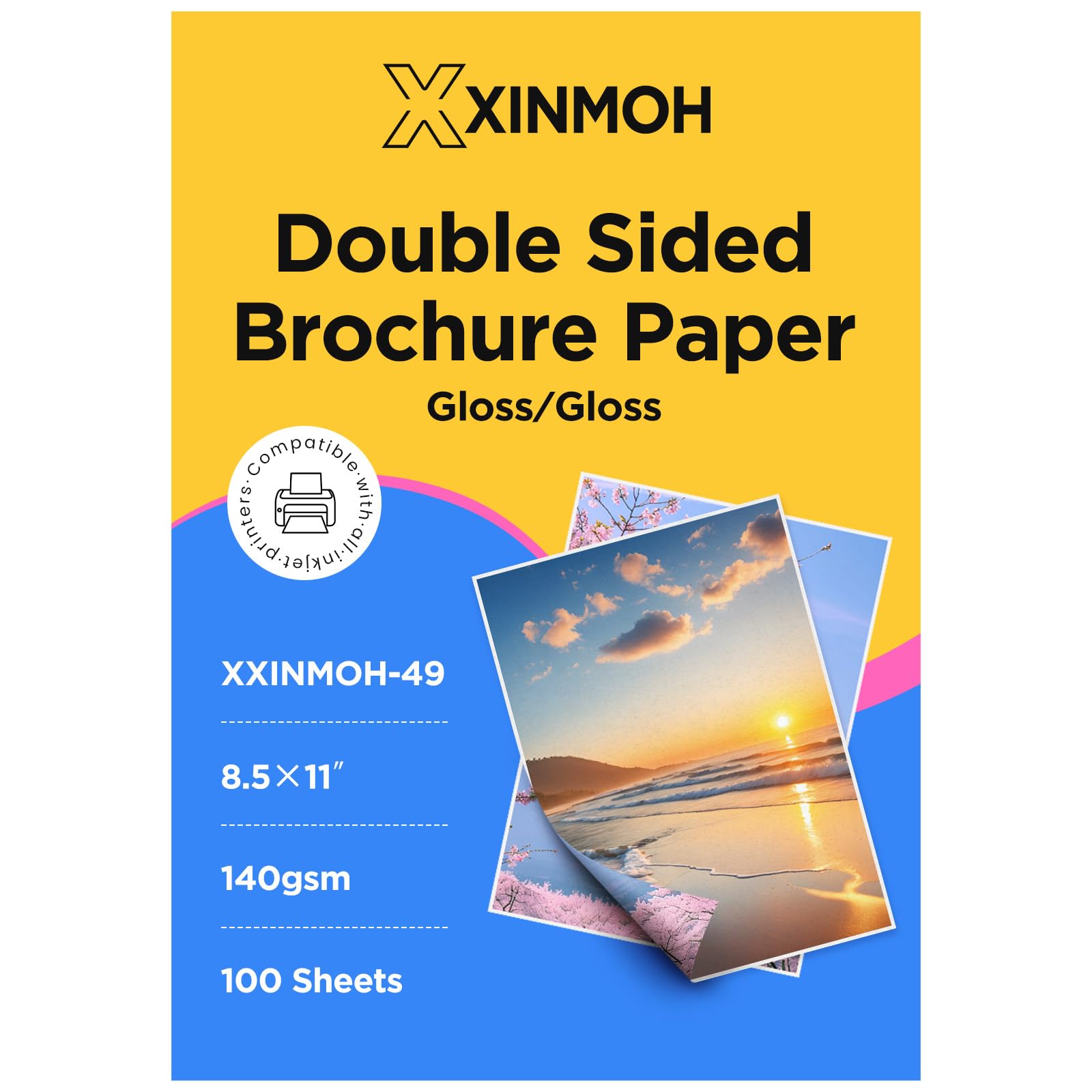 XXINMOH 100 Sheets Inkjet Glossy Brochure and Flyer Paper 8.5x11 Inch 37lbs 140gsm, Photo Printing Paper, Glossy Cardstock, Professional Quality Double Sided Instant Dry and Water-Resistant