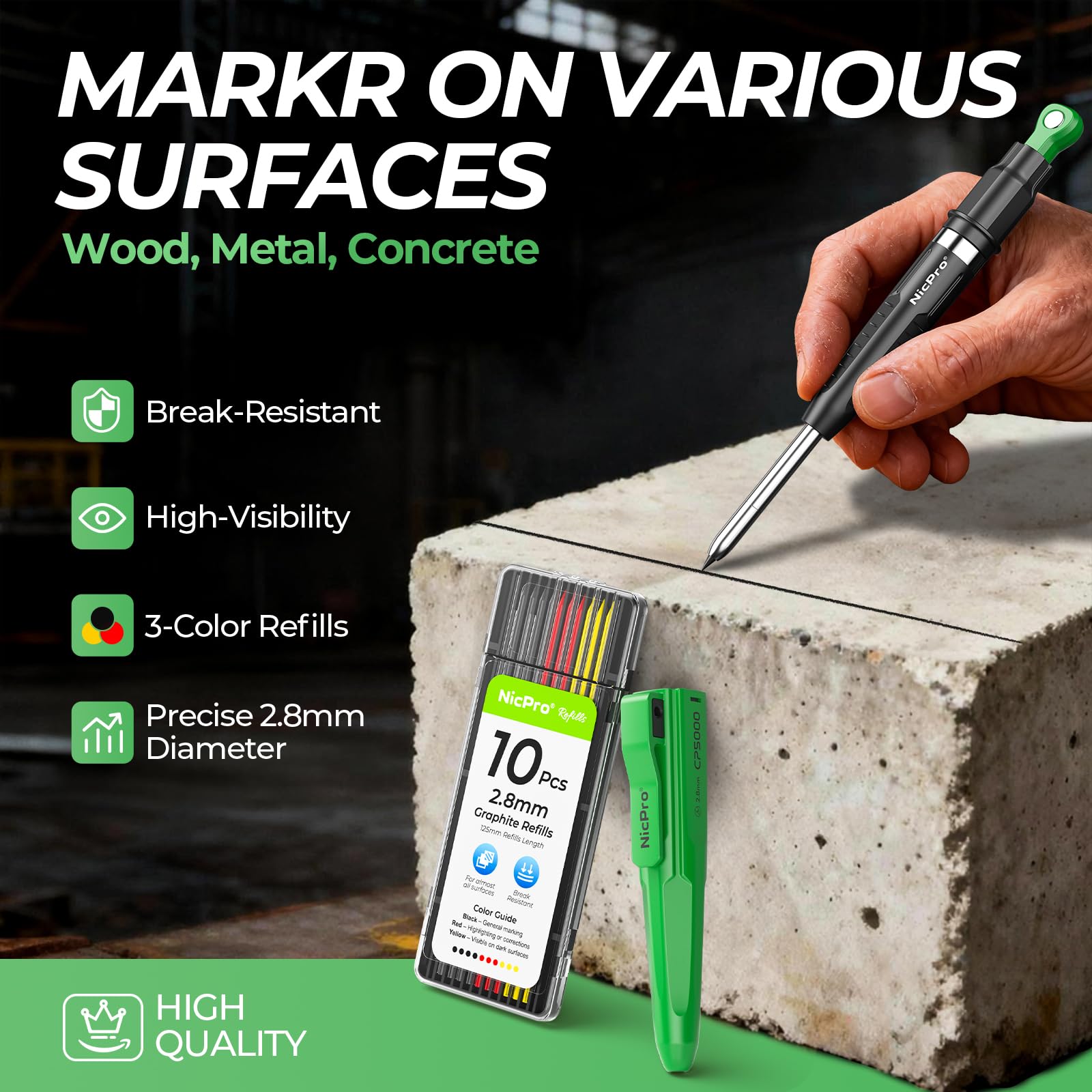 Nicpro CP5000 Carpenter Pencil with Armored Exterior, Multifunction Portable All-in-one Deep Hole Marking for Construction, Professional Woodworking, ABS Anti-Gravity Tools Architect(Black-green #003)