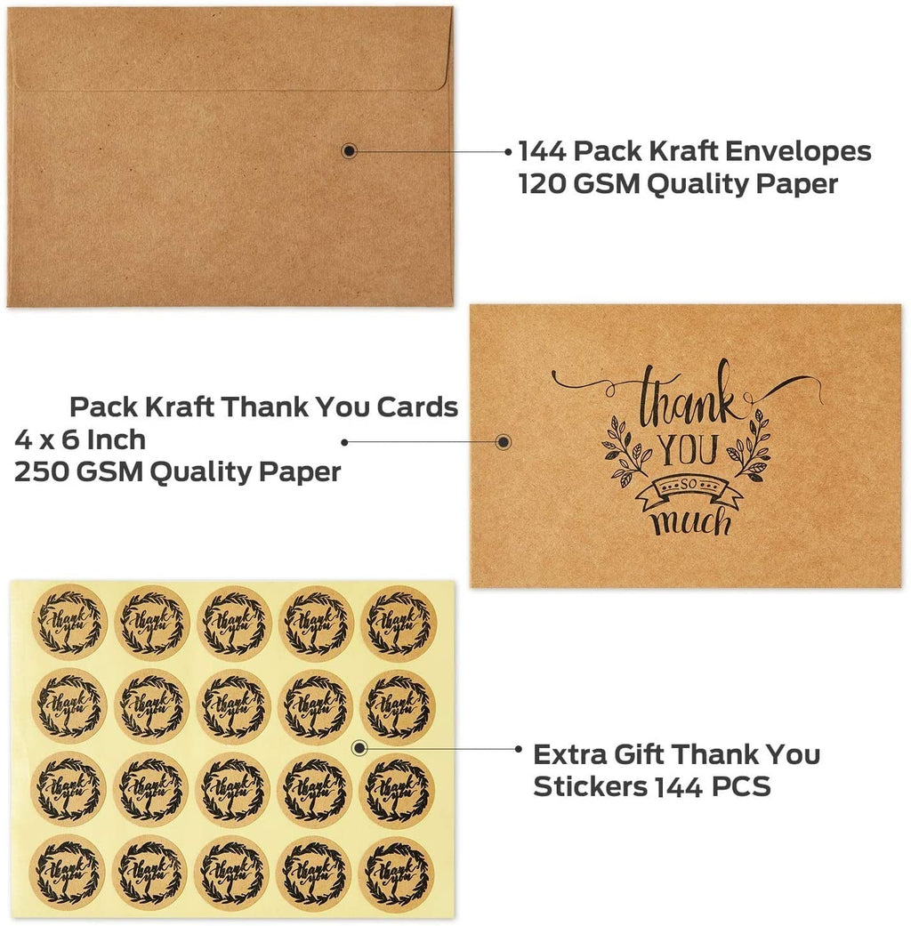 144 Thank You Cards Bulk, Brown Kraft 4x6 Inch Thank You Notes with Envelopes and Stickers, 6 Elegant Designs Greeting Cards for Business, Wedding, Baby Shower, Blank Inside