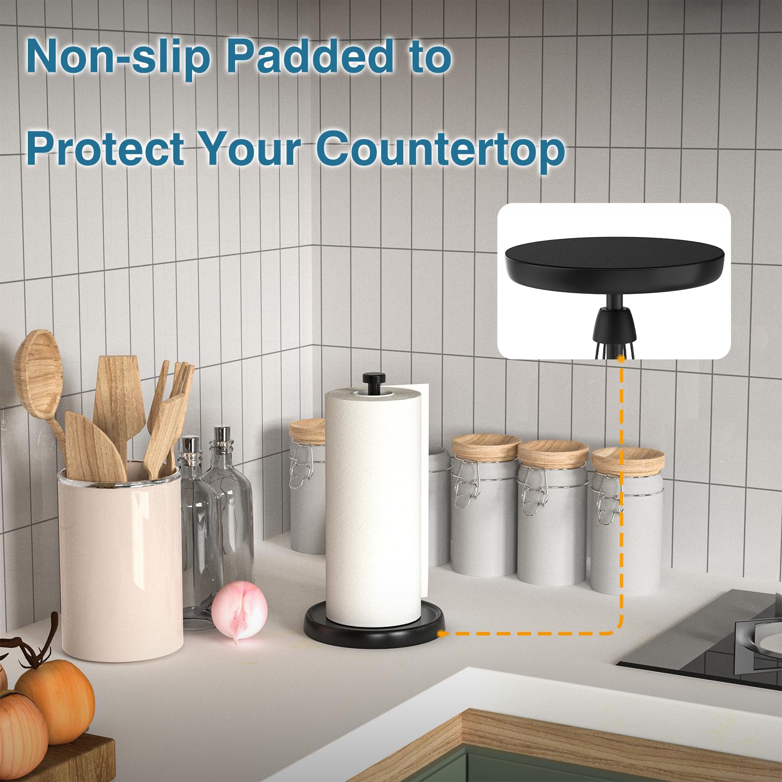 Paper Towel Holder Countertop, One-Handed Tear, Stainless Steel, Weighted Base, Black Paper Towel Holder Stand with Ratchet Mechanism for Kitchen Bathroom Decor Accessories, Black