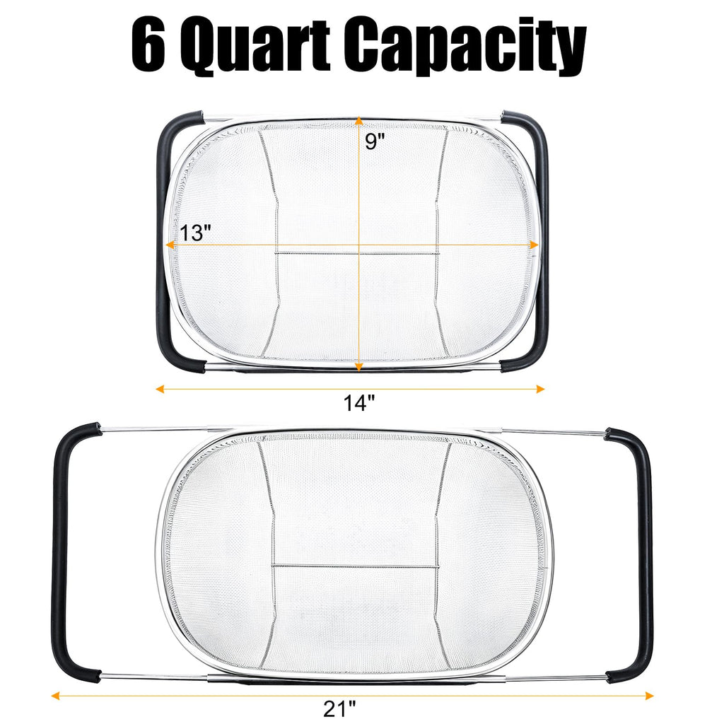 Suwimut 2 Pack Over the Sink Oval Colander for Kitchen, Stainless Steel Fine Mesh 6 Quart Strainer Basket with Expandable Rubber Grip Handles for Straining, Draining, Rinsing Fruits, Vegetables