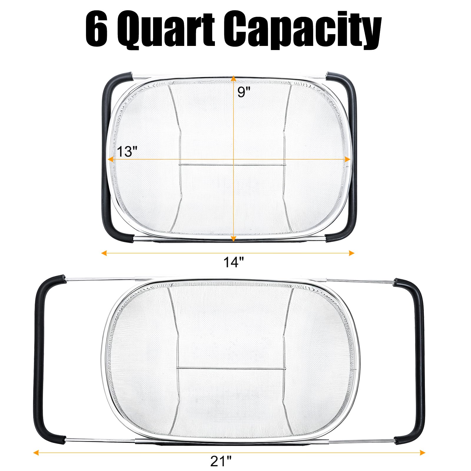 Suwimut 2 Pack Over the Sink Oval Colander for Kitchen, Stainless Steel Fine Mesh 6 Quart Strainer Basket with Expandable Rubber Grip Handles for Straining, Draining, Rinsing Fruits, Vegetables