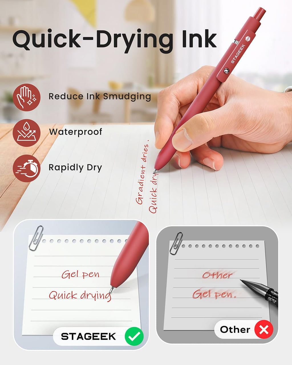 STAGEEK Red Gel Pens GX3, 6Pcs Quick Dry Red Ink Pens with 3 Extra Refills, Fine Point Retractable Smooth Writing Pens for Journaling, Note Taking, School Supplies, Nurse Aesthetic, Office(Red)