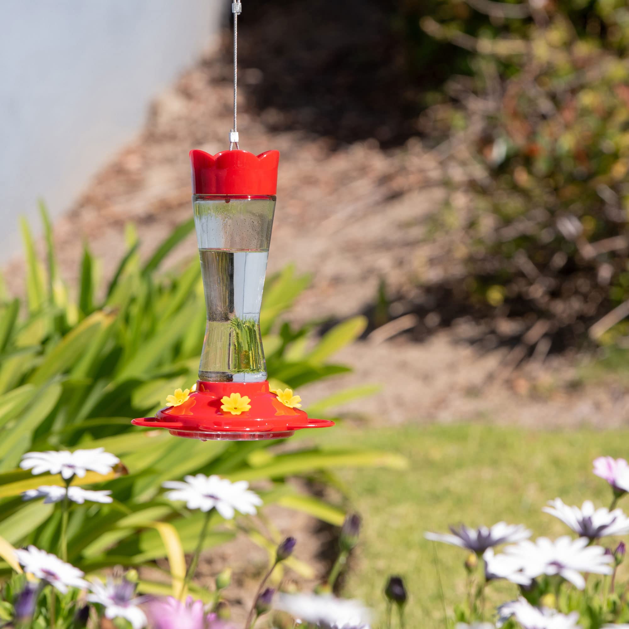 MEKKAPRO Outdoor Hummingbird Feeder Made from Glass, Hanging 5 Nectar Feeding Stations, Bright Red, Backyard Feeder (10 Ounce)