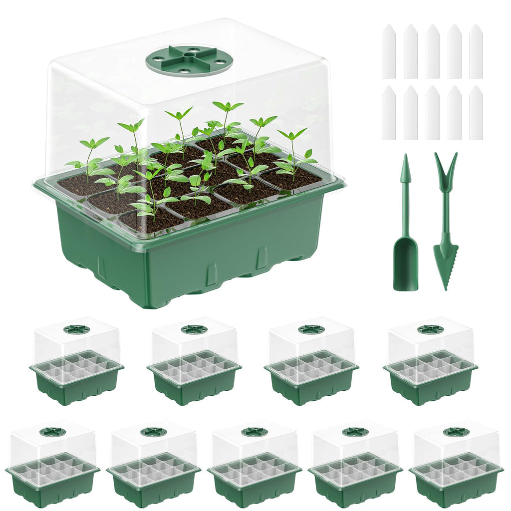Pawfly 10-Pack Seed Starter Trays with 4" Humidity Domes, 120 Cells Total + Planting Tools & Labels, Reusable Indoor Seedling Germination Kit