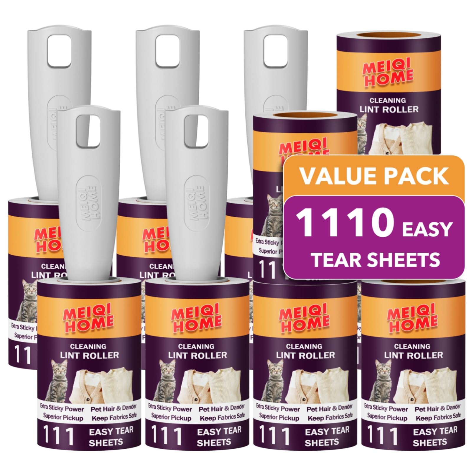 Lint Rollers for Pet Hair Extra Sticky, 1110 Sheets Mega Value Set Lint Roller with 5 Upgraded Handles, 10 Rollers Portable Pet Lint Remover for Clothes, Furniture, Carpet, Dog & Cat Hair Removal