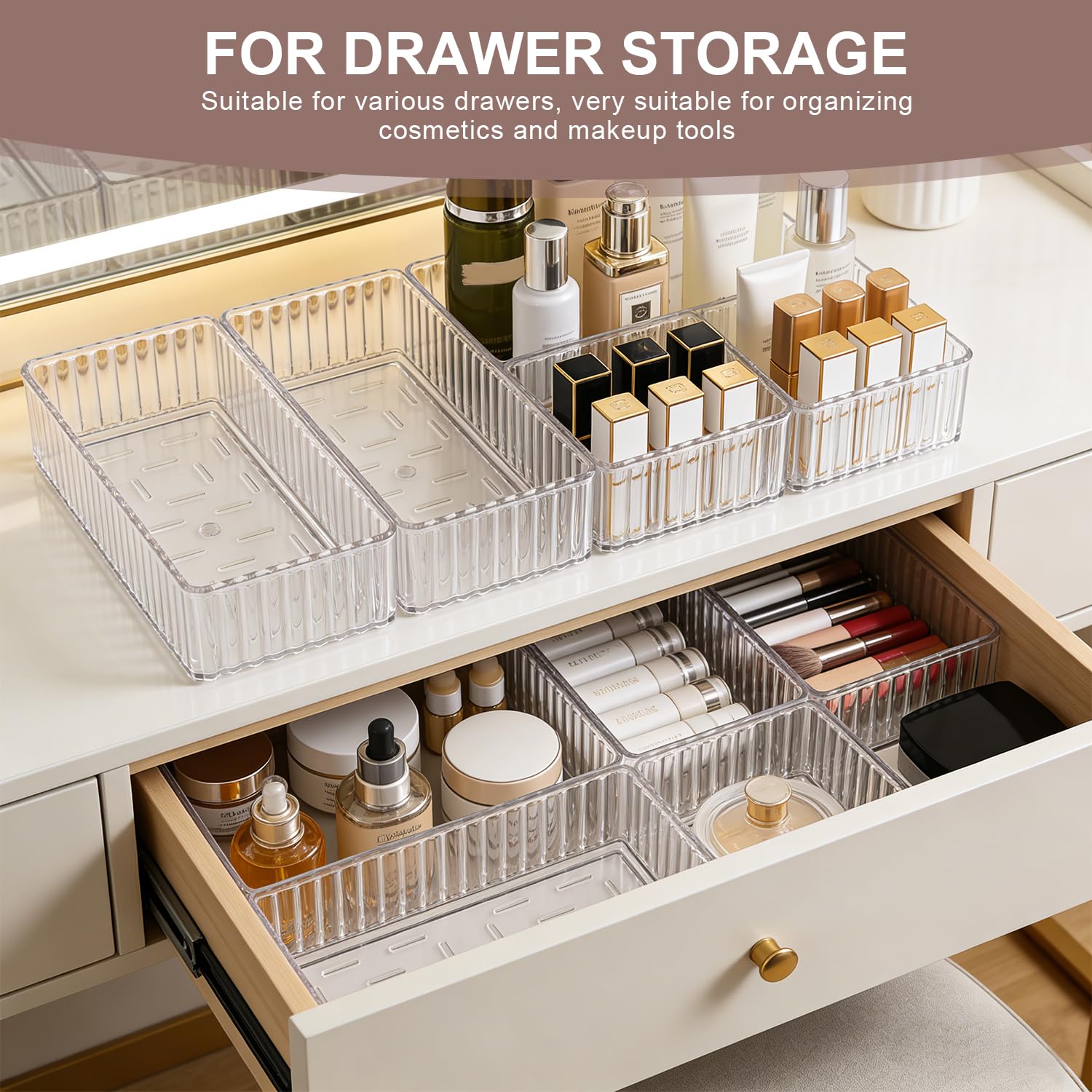 Clear Drawer Organizer Set,7PCS Acrylic Drawer Storage Trays,Stackable makeup divider tray,Plastic Containers,Storage Bins for Makeup,Jewelry, Gadgets,Office,Kitchen, Bedroom,Bathroom