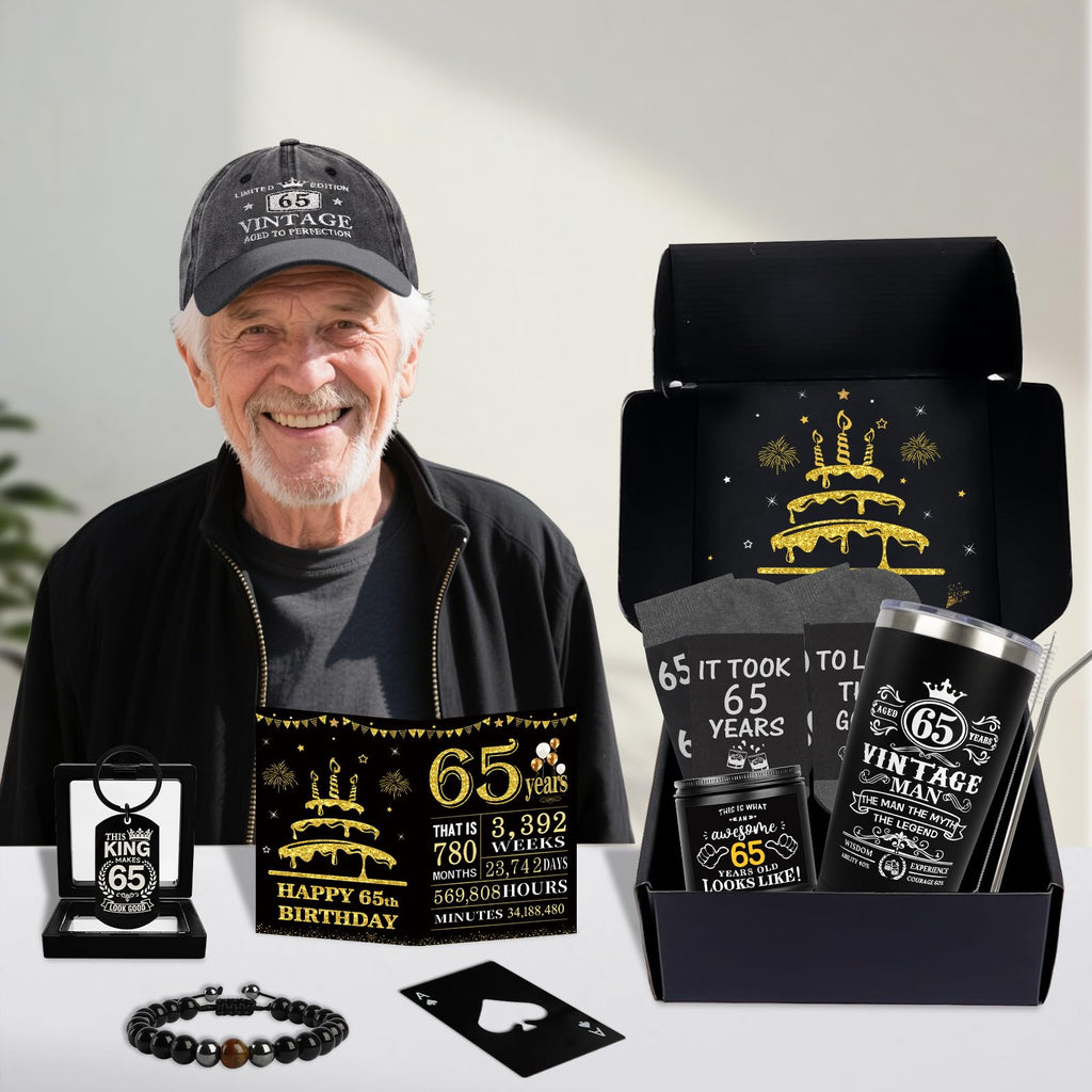 65th Birthday Gifts for Men - Unique Birthday Box with 20 Oz Tumbler, Baseball Cap, Socks, Bracelets, Happy 65th Birthday Decorations for Husband, Dad, Grandpa, Friends, Boss