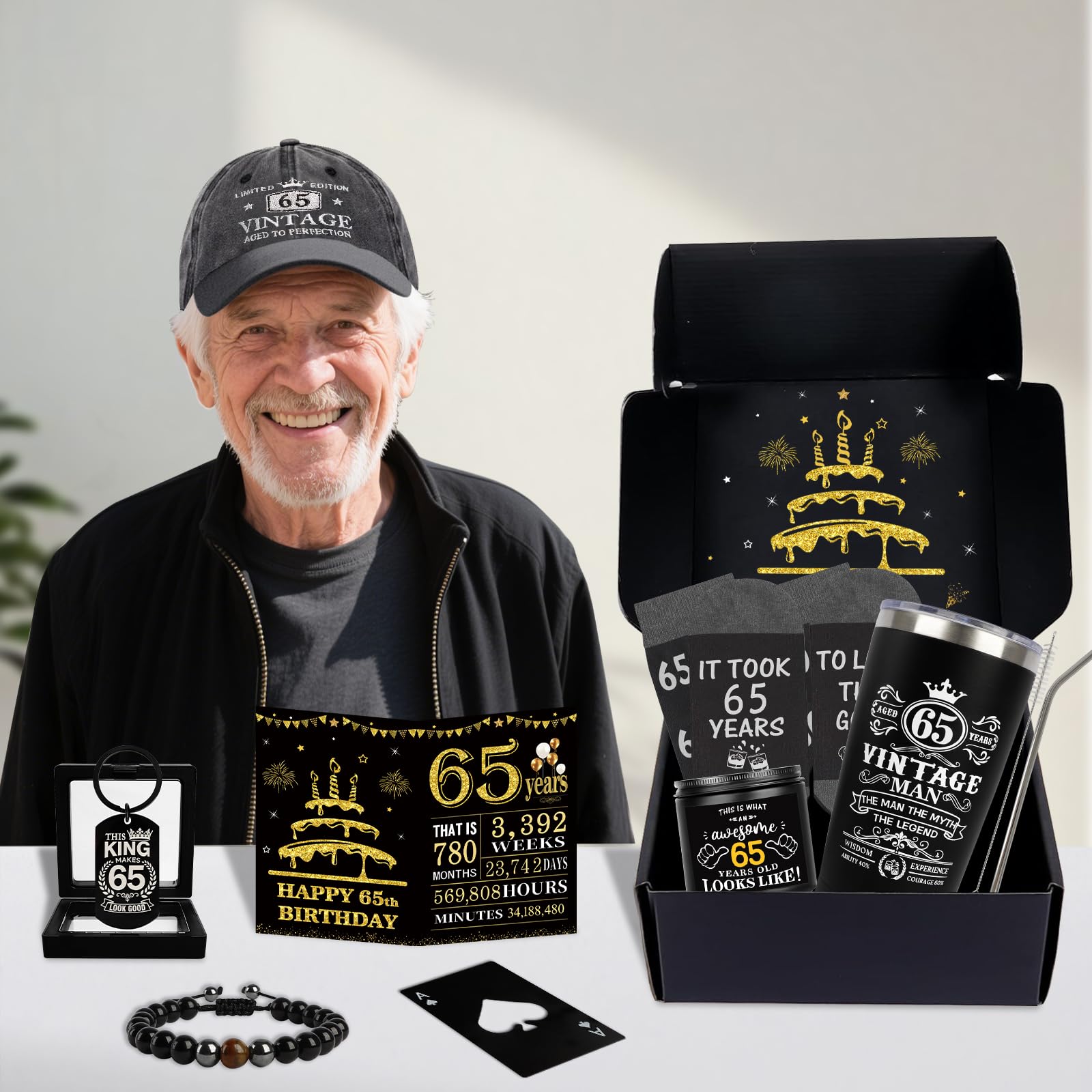 65th Birthday Gifts for Men - Unique Birthday Box with 20 Oz Tumbler, Baseball Cap, Socks, Bracelets, Happy 65th Birthday Decorations for Husband, Dad, Grandpa, Friends, Boss