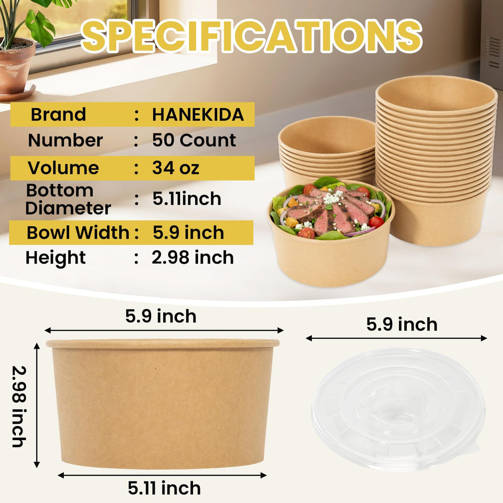 50 Count 34 oz Disposable Meal Prep Containers with Lids, Soup Serving Bowls Disposable Paper Bowls | Microwave-Safe | for Party, Takeout, Gatherings, Outdoor Meals
