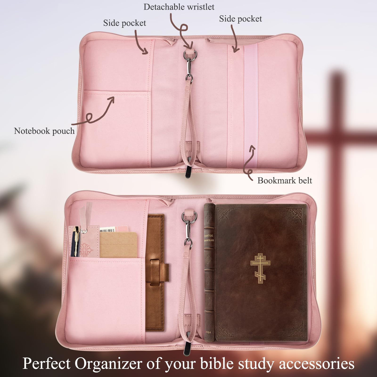 CITYCHASE Bible Cover for Women - Leather Study Case with Bookmark, Supplies Carrying Bag Tote with Strap, Personalized Book Organizer for Journaling - Pink
