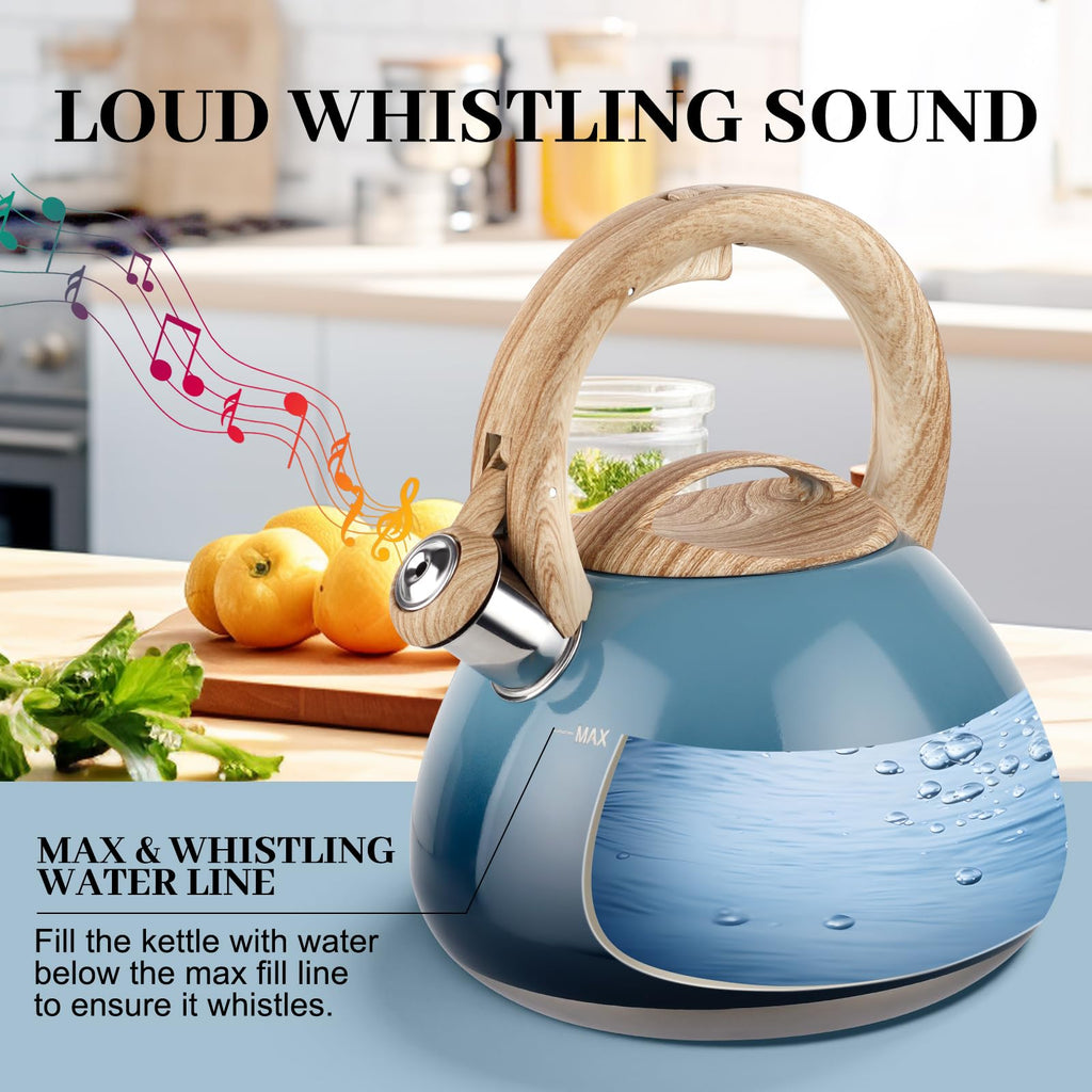 Whistling Tea Kettle for Stove Top Stainless Steel Tea Kettle Small Tea Pots 2.6 Quart with Wood Pattern Anti-Hot Handle (Blue)