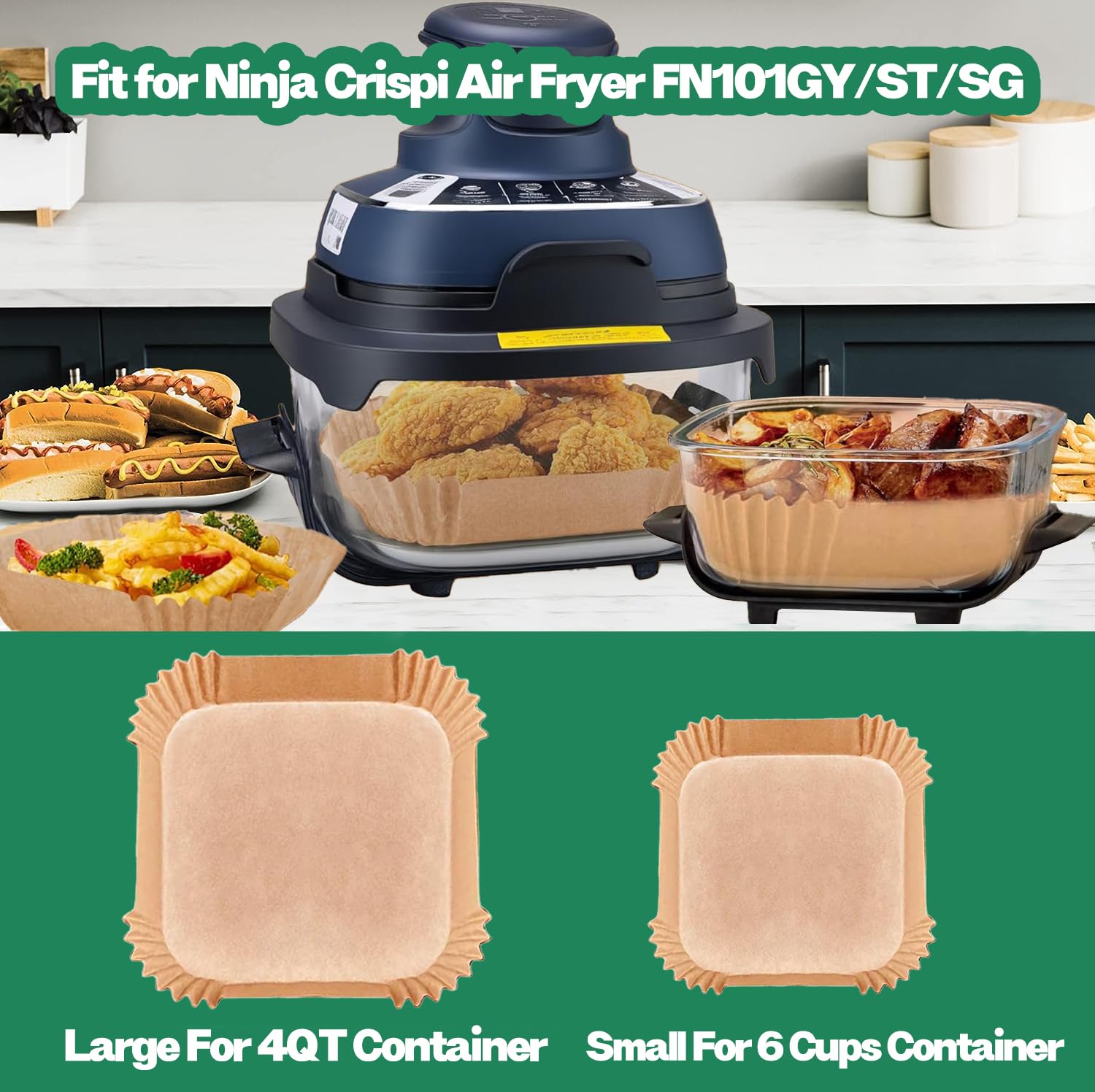 300PCS Air Fryer Liners for Ninja Crispi Air Fryer, Air Fryer Parchment Paper Liners, Square Disposable Paper Liner, Airfryer Liners Baking Paper for Ninja Crispi 4QT&6 Cup Glass Containers