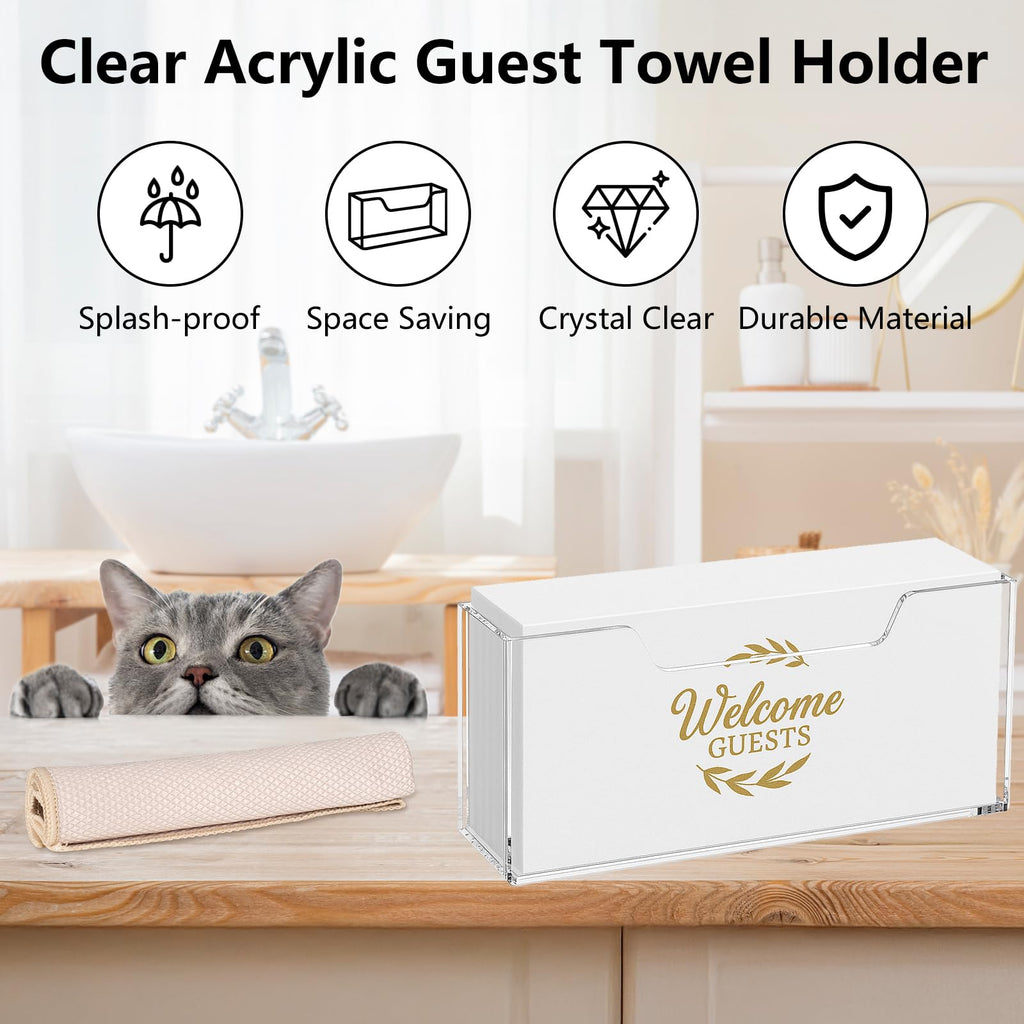 Clear Acrylic Guest Towel Holder: Stylish Durable Napkin Tray for Bathroom, Kitchen, Hotel & Office; Holds Disposable Hand Towels & Napkins; Includes 2 Cleaning Cloths (Clear, Guest Towel Holder)