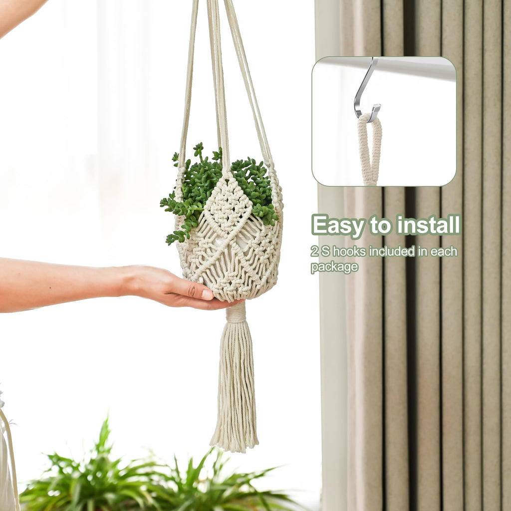 Macrame Plant Hangers Indoor Macrame for up to 8 inch Pot Crochet Boho Plant Hanger Holder for Indoor Outdoor with 2 S Shaped Stainless Steel Hooks (White)