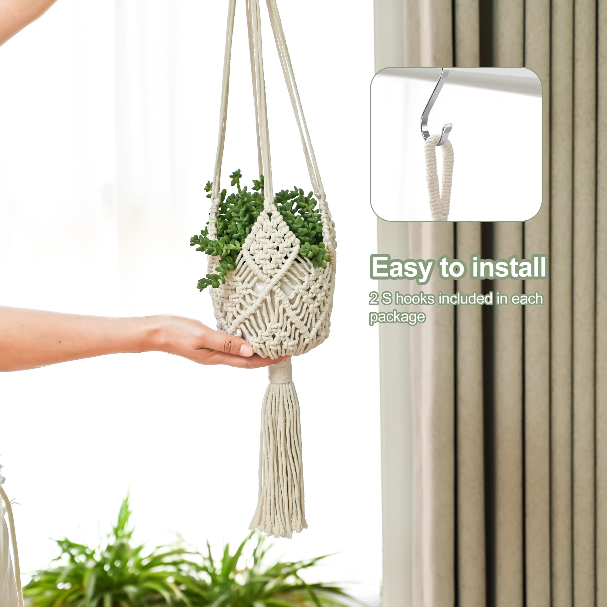 Macrame Plant Hangers Indoor Macrame for up to 8 inch Pot Crochet Boho Plant Hanger Holder for Indoor Outdoor with 2 S Shaped Stainless Steel Hooks (White)