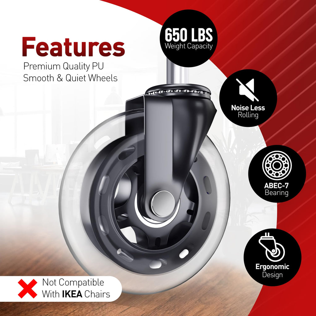 RIVEDA Office Chair Caster Wheels Set of 5 - Smooth 3 inch Heavy-Duty Replacement Rubber Wheels for Gaming & Desk Chair - Easy to Install, Suitable for Hardwood Floors, Carpet, Tiles (Clear)