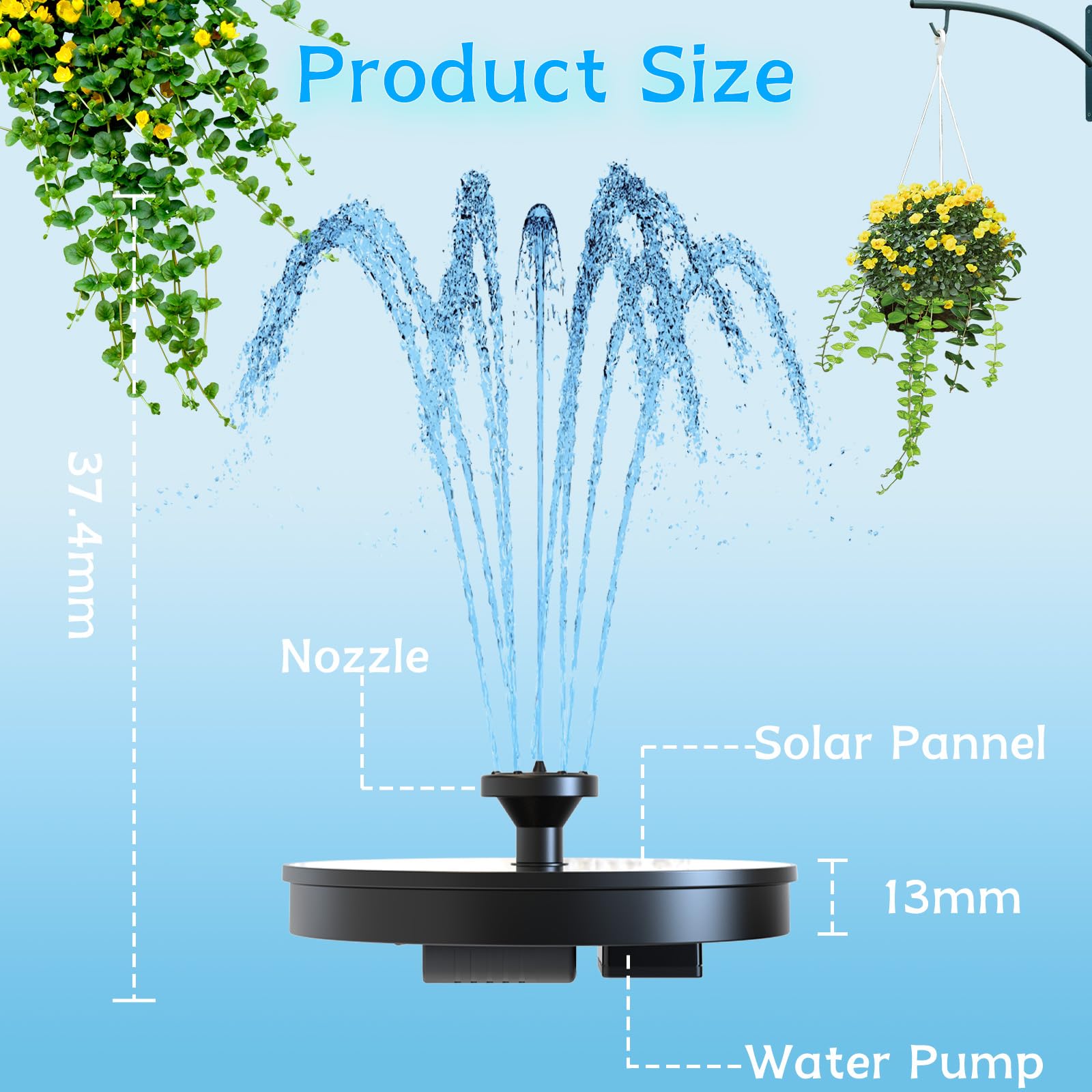 AMZtime Solar Fountain Pump 1W Bird Bath Fountain, Solar Powered Water Fountain with 8 Nozzle Set & 4 Fixer, Solar Fountain Pump for Bird Bath, Garden, Pond, Pool