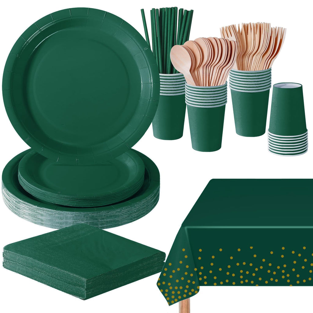 PYAILI 169 Pcs Deep Green Party Tableware Set, Paper Plates Cups Napkins Tablecloth, Dinnerware Set for Kids Adult Birthday,Wedding,Baby Shower Party Tableware