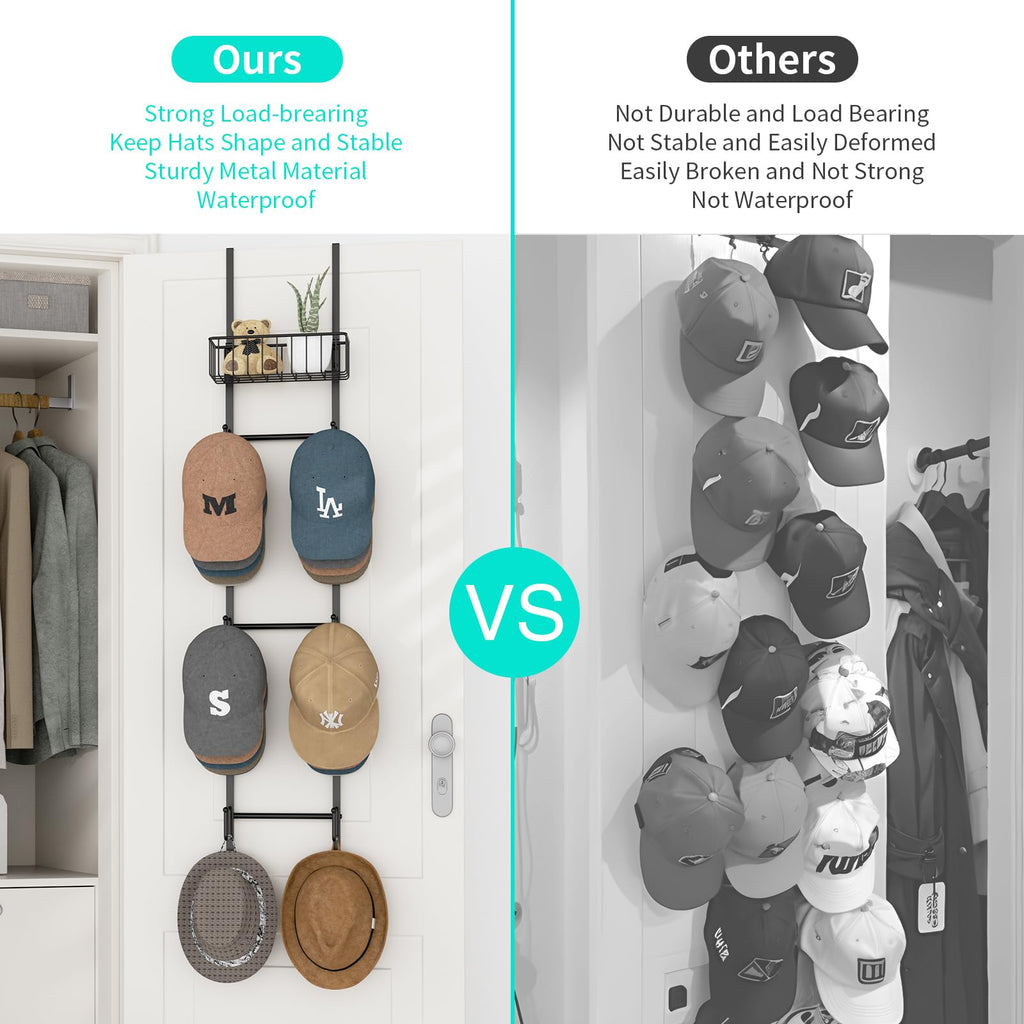 HapiRm Hat Racks for Baseball Caps - Over Door Hat Rack Organizer, Wall Mounted Hats Holder with 6 Hat Hooks and Metal Basket Design, Hanging Hats Storage Up to 32 Caps for Door, Bedroom, Closet