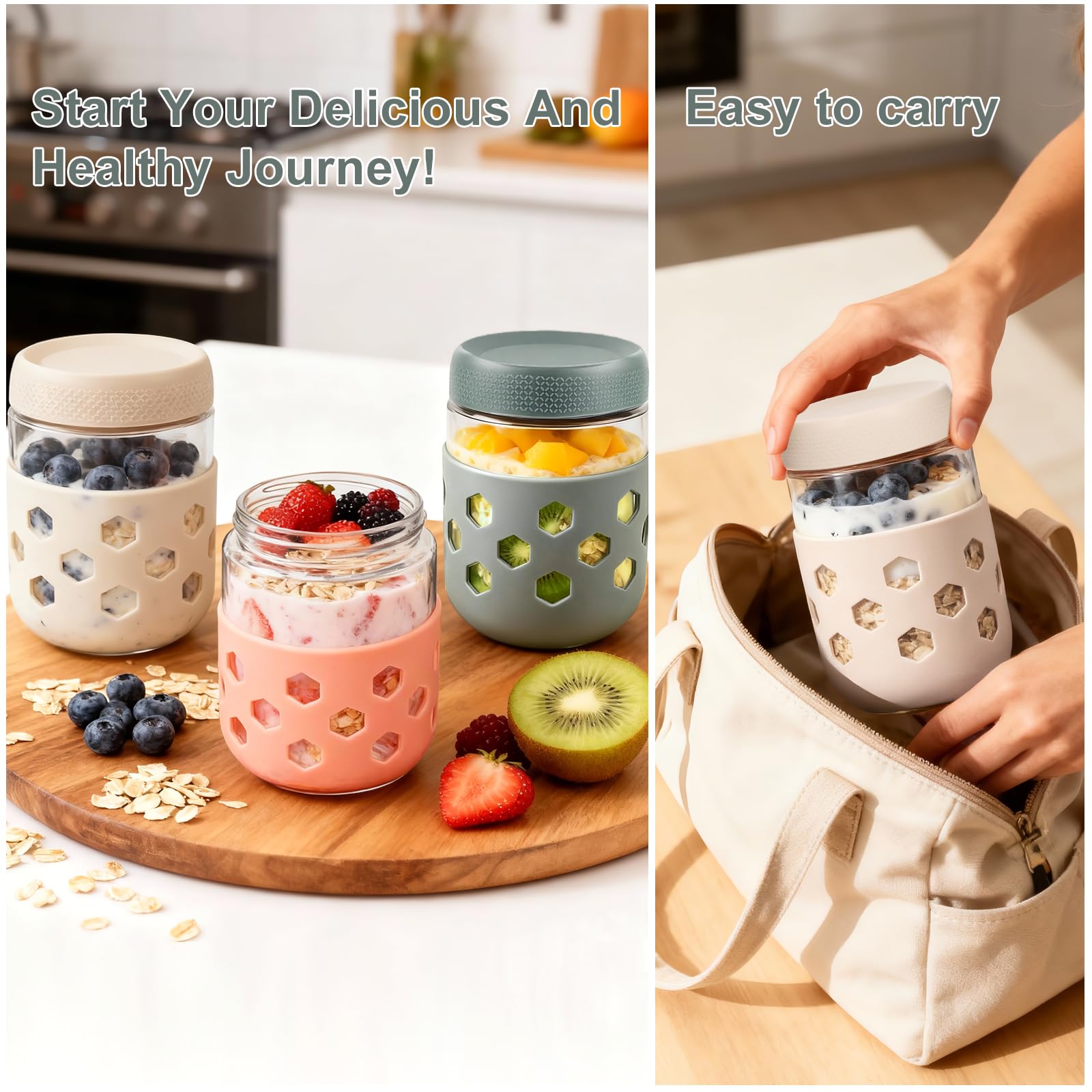 Overnight Oats Jar with Silicone Sleeves,6-Pack 16OZ Glass Jar,Airtight BPA-Free Overnight Oats Containers with Lids, Mason jars Meal Prep Jars for Chia Pudding, Yogurt, Snacks,Leak-Proof(500 ml)