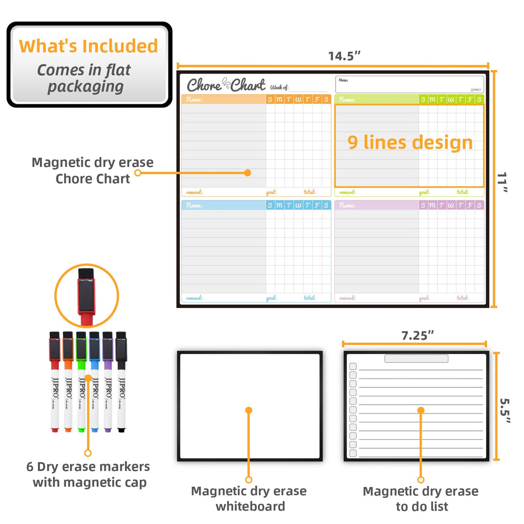Magnetic Dry Erase Chore Chart Set for Fridge - Used for Multiple Kids - One Chore Chart and Two Bonus Dry Erase Pad/Grocery Boards - 6 Dry Erase Extra Fine Tips Markers Included!