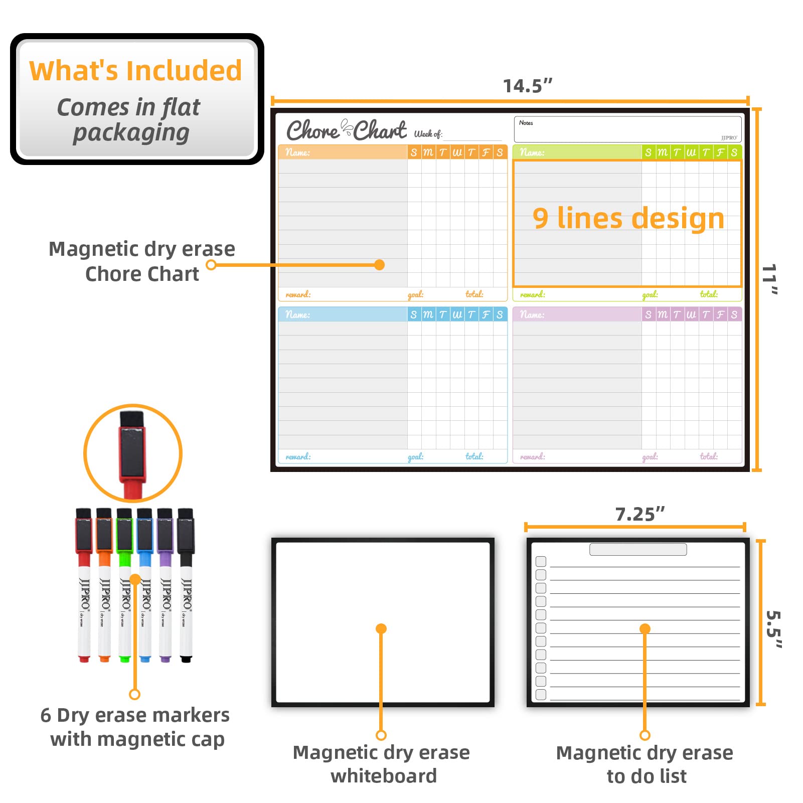 Magnetic Dry Erase Chore Chart Set for Fridge - Used for Multiple Kids - One Chore Chart and Two Bonus Dry Erase Pad/Grocery Boards - 6 Dry Erase Extra Fine Tips Markers Included!