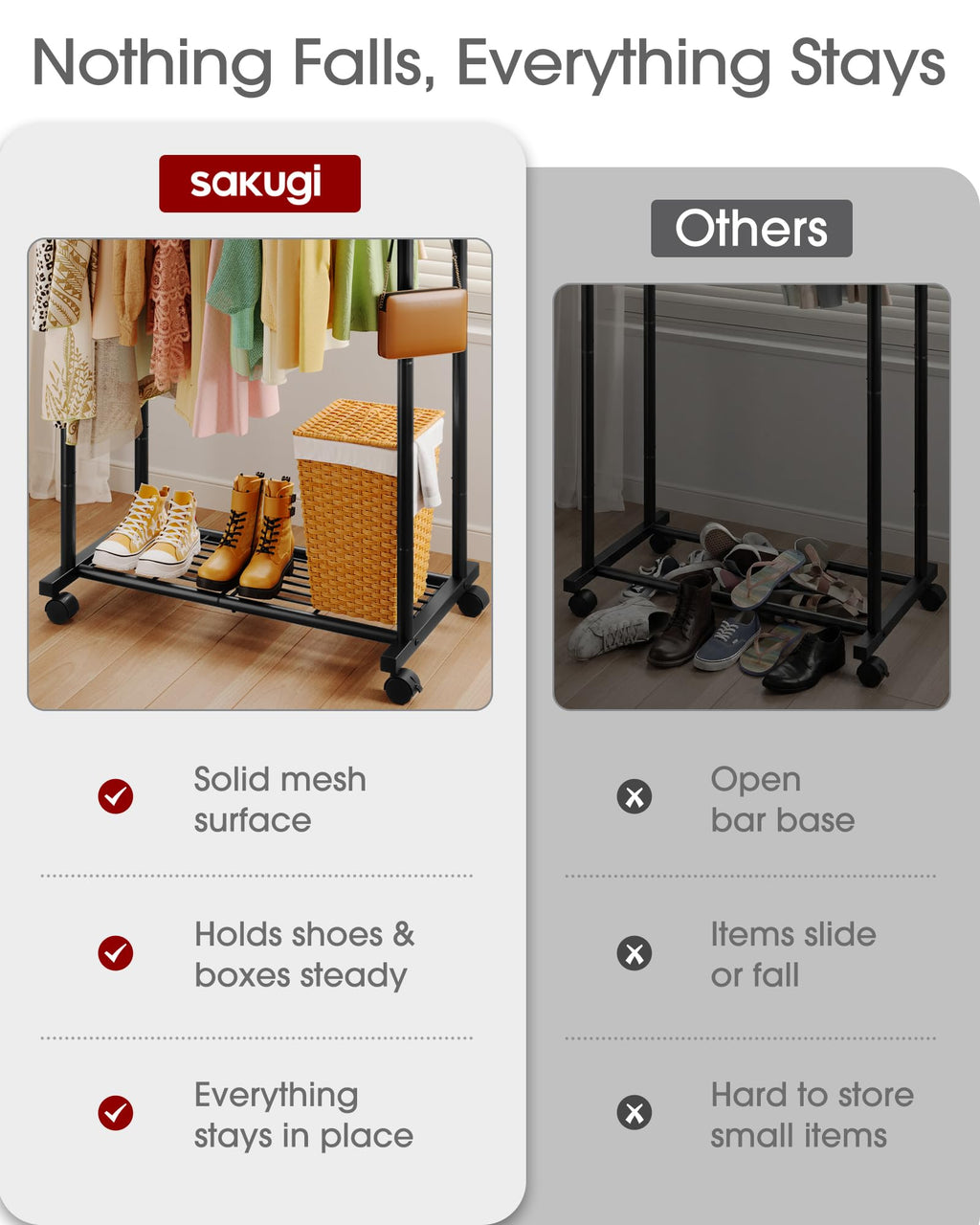 Sakugi Clothing Rack - Double-Rod Coat Rack with Hooks & 4 Universal Wheels, Movable Metal Clothes Rack with Mesh Shelf for Clothes Storage, 73 x 42 x 150 cm, Black