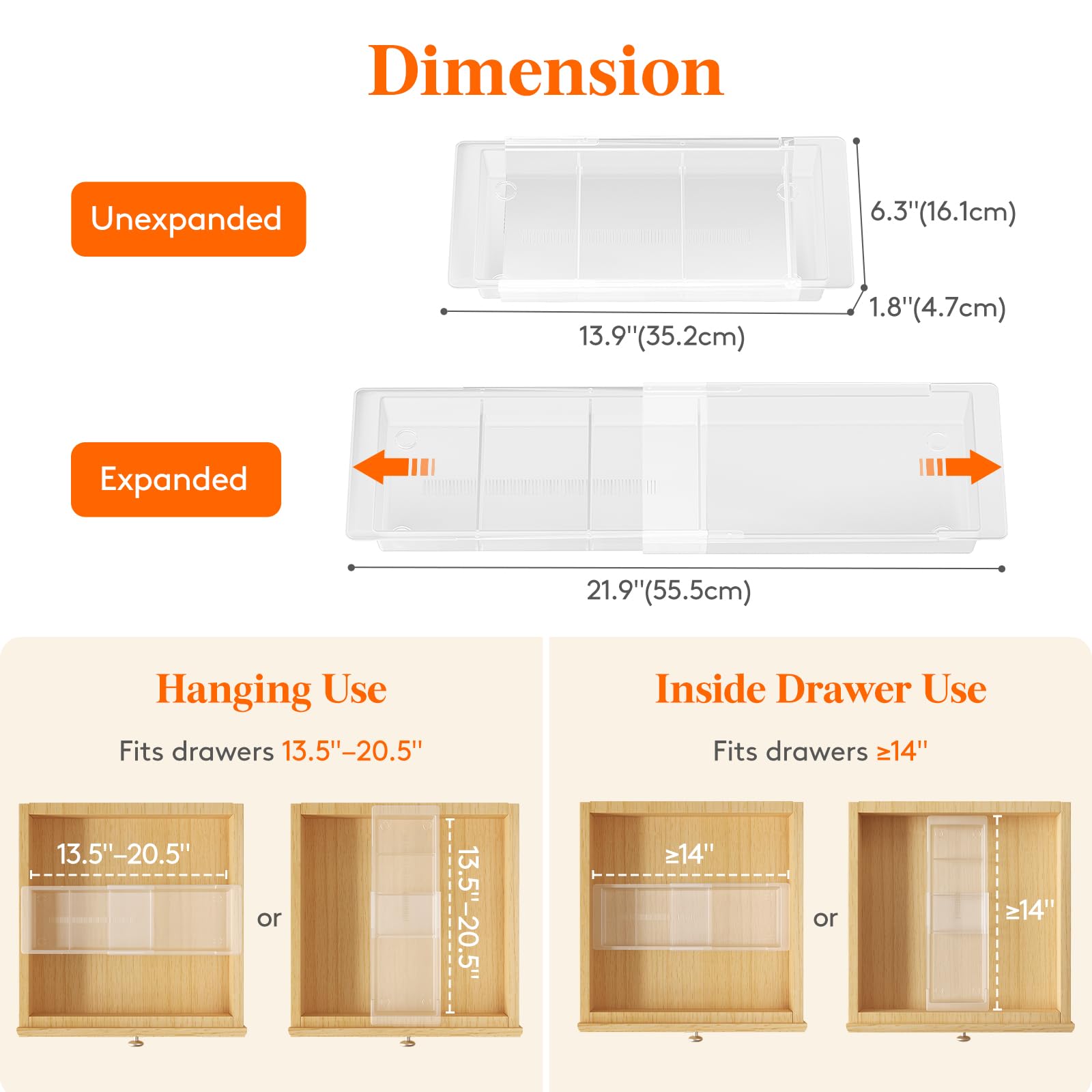Lifewit Sliding Makeup Drawer Organizer Trays with Inserts, Extendable Hanging Desk Drawer Divider, Fits 13-20" Deep Drawers, 1.8" High Plastic Organizer Tray for Vanity, Office, Kitchen, Translucent