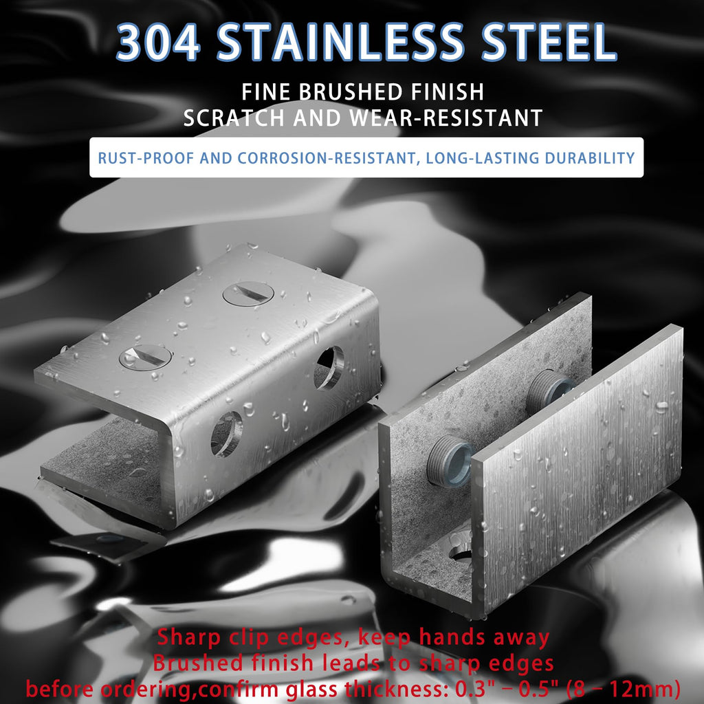 4Pcs Stainless Steel Glass Shelf Clip Clamp Bracket Support Adjustable 304 Stainless Steel Brushed Finish Glass Clip Shelf Brackets Holder Support 0.3" to 0.5"/ 8 to 12mm Thick