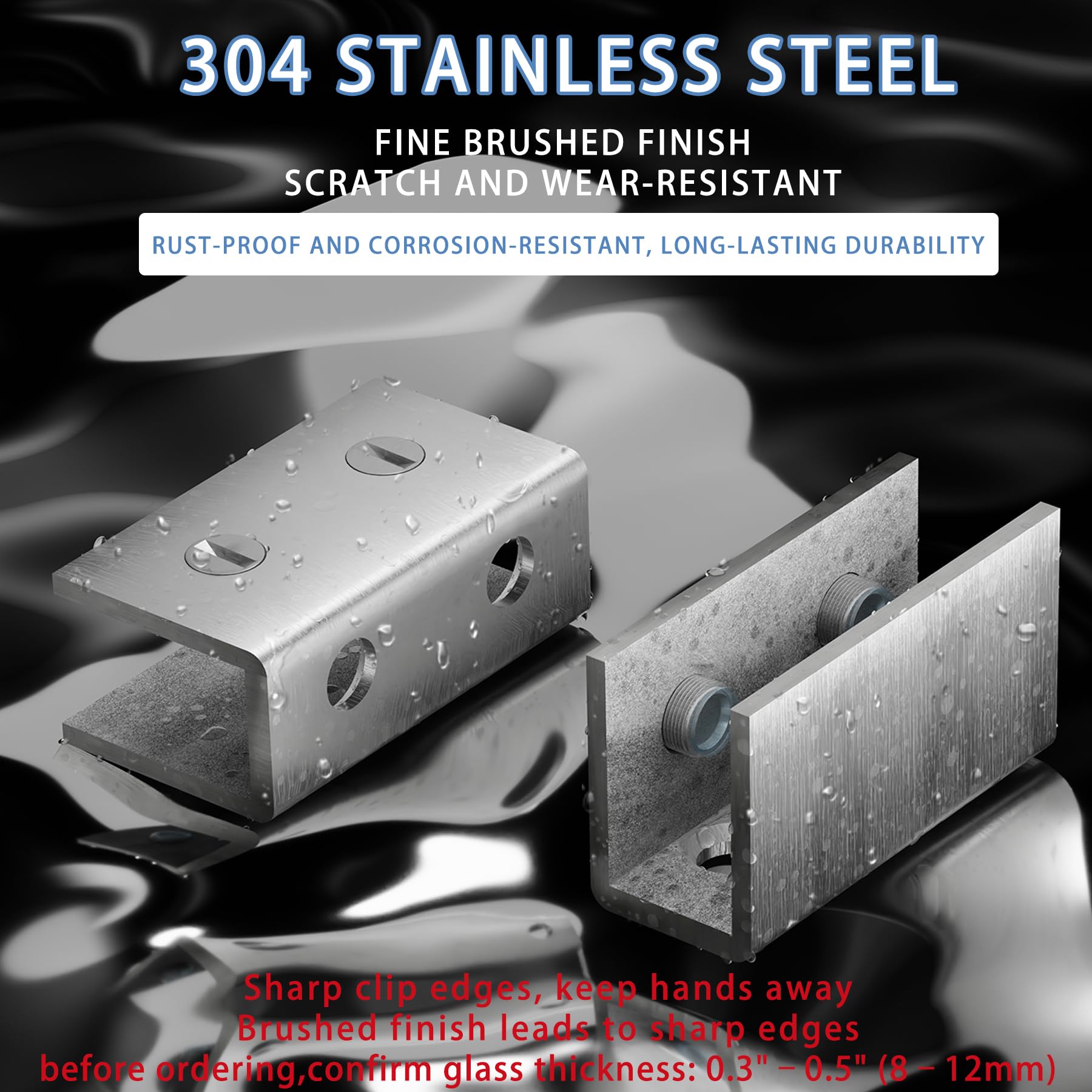 4Pcs Stainless Steel Glass Shelf Clip Clamp Bracket Support Adjustable 304 Stainless Steel Brushed Finish Glass Clip Shelf Brackets Holder Support 0.3" to 0.5"/ 8 to 12mm Thick