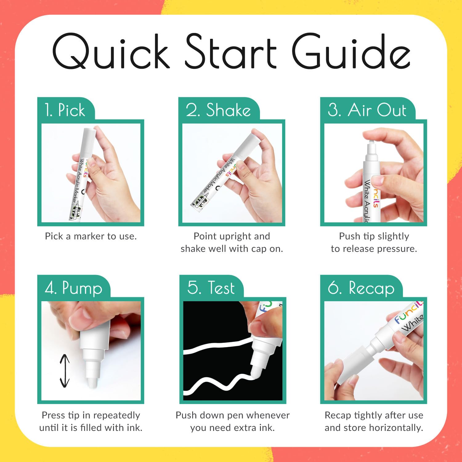 Funcils 5 Acrylic White Paint Pens - Fine & Jumbo Size Ink Pens (1mm, 3mm, 6mm, 10mm, 15mm) - Permanent White Marker Ink for Rock Painting, Fabric, Tire, Metal, Wood, Canvas, Glass, Plastic, Ceramic