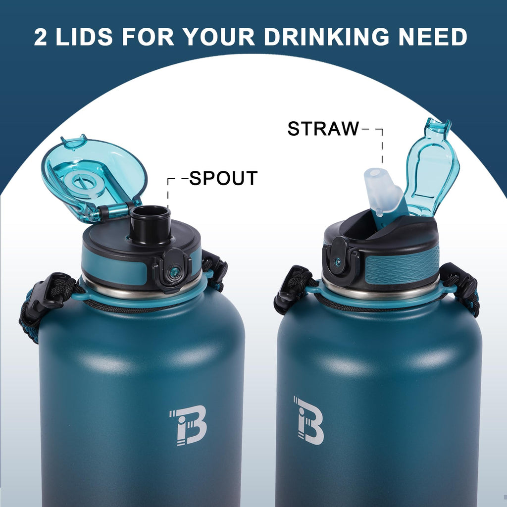 TOPBADE Insulated Water Bottle 64 oz, Double Wall Vacuum Stainless Steel (Cold for 48 Hrs), Leak Proof & BPA-Free, Half Gallon Water Flask Jug with Paracord Handle & Straw Spout Lids