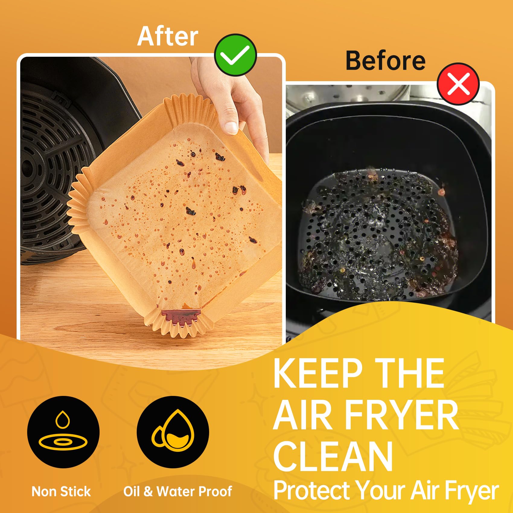 Disposable Air Fryer Liners, 200-Pack 9-Inch Square Parchment Paper - Non-Stick & Grease-Proof for 5-7 QT Air Fryer Baskets, Also Microwave Safe (100, 9 Inch)