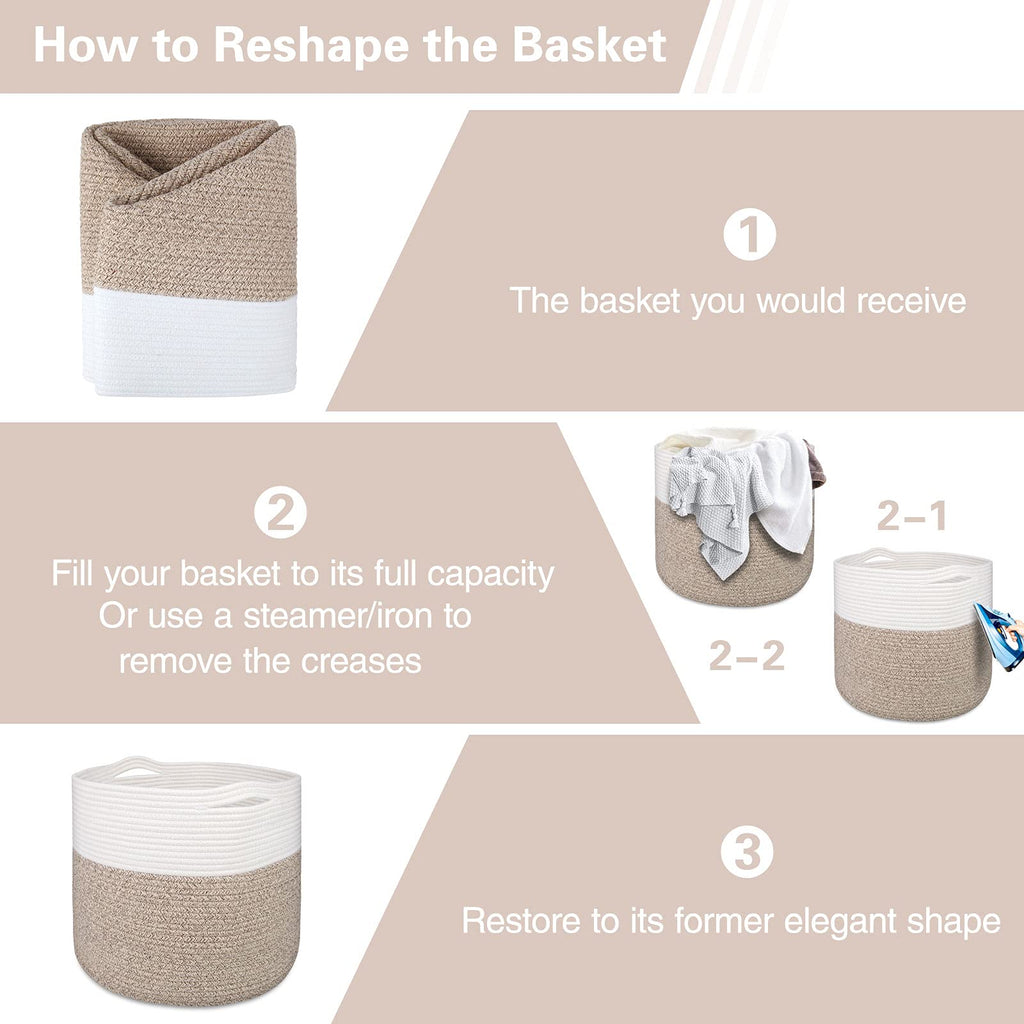 MicroIdeas Large Woven Basket 15.8x13.8in, Cotton Rope Baskets living room, Laundry Basket, Toy Bin, Decorative Round Baskets Storage Organization for Blanket Throw Decor - White Brown
