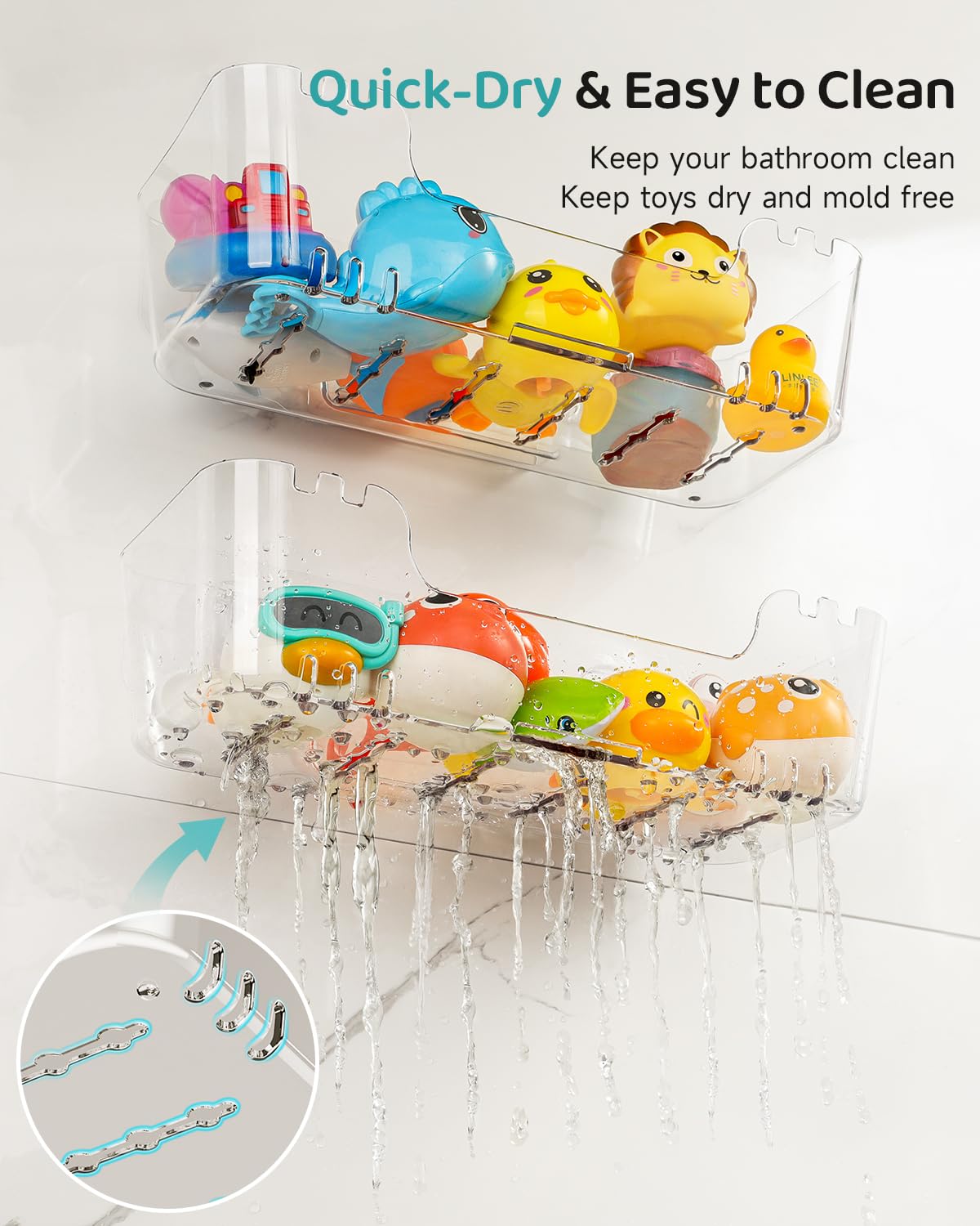 Bath Toy Storage Organizer 2 Pack, Transparent Bath Toy Holder with Drain Holes, Durable Plastic Bathtub Toy Storage for Bathroom, Quick-Dry Shower Caddy Drainable