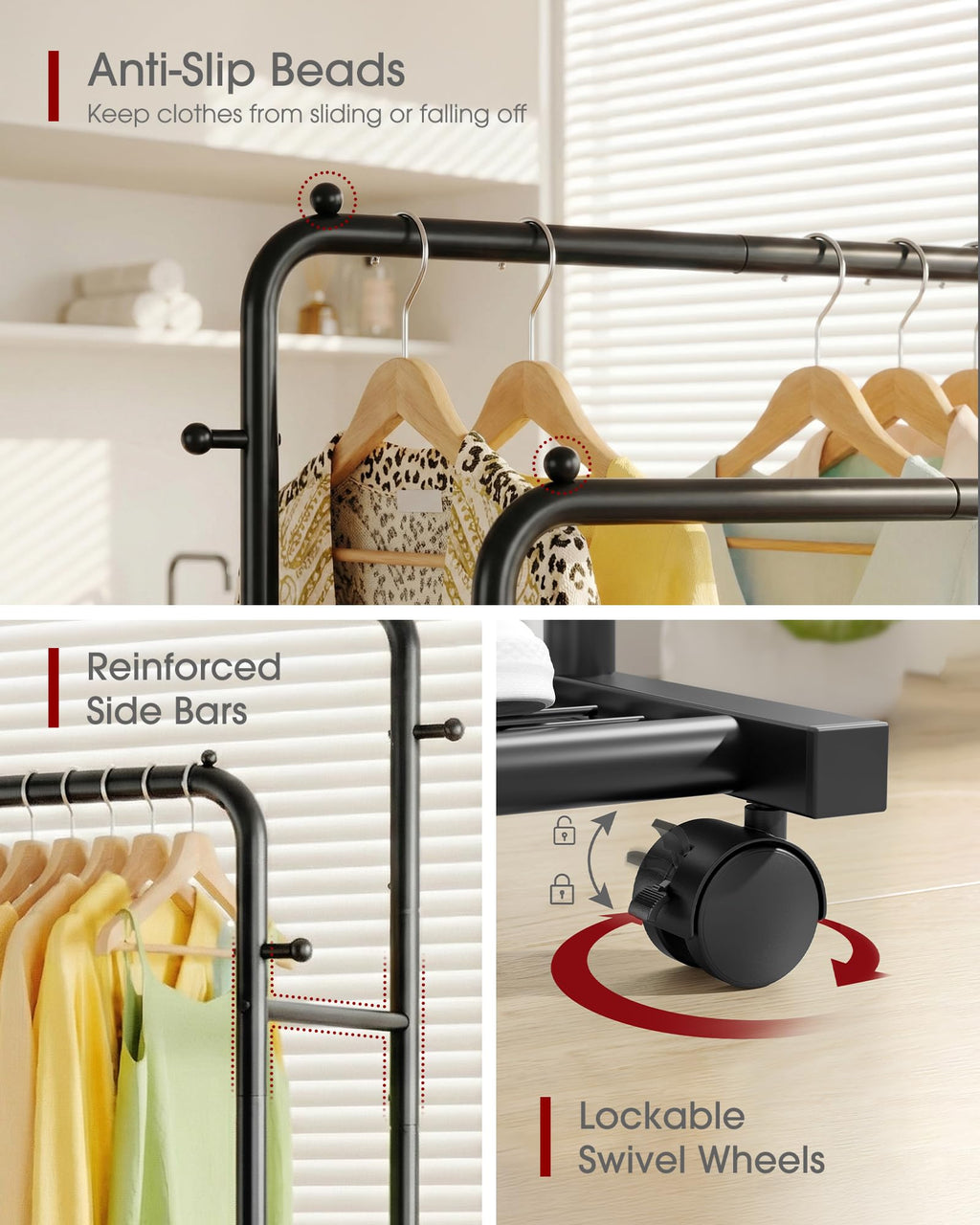 Sakugi Clothing Rack - Double-Rod Coat Rack with Hooks & 4 Universal Wheels, Movable Metal Clothes Rack with Mesh Shelf for Clothes Storage, 73 x 42 x 150 cm, Black